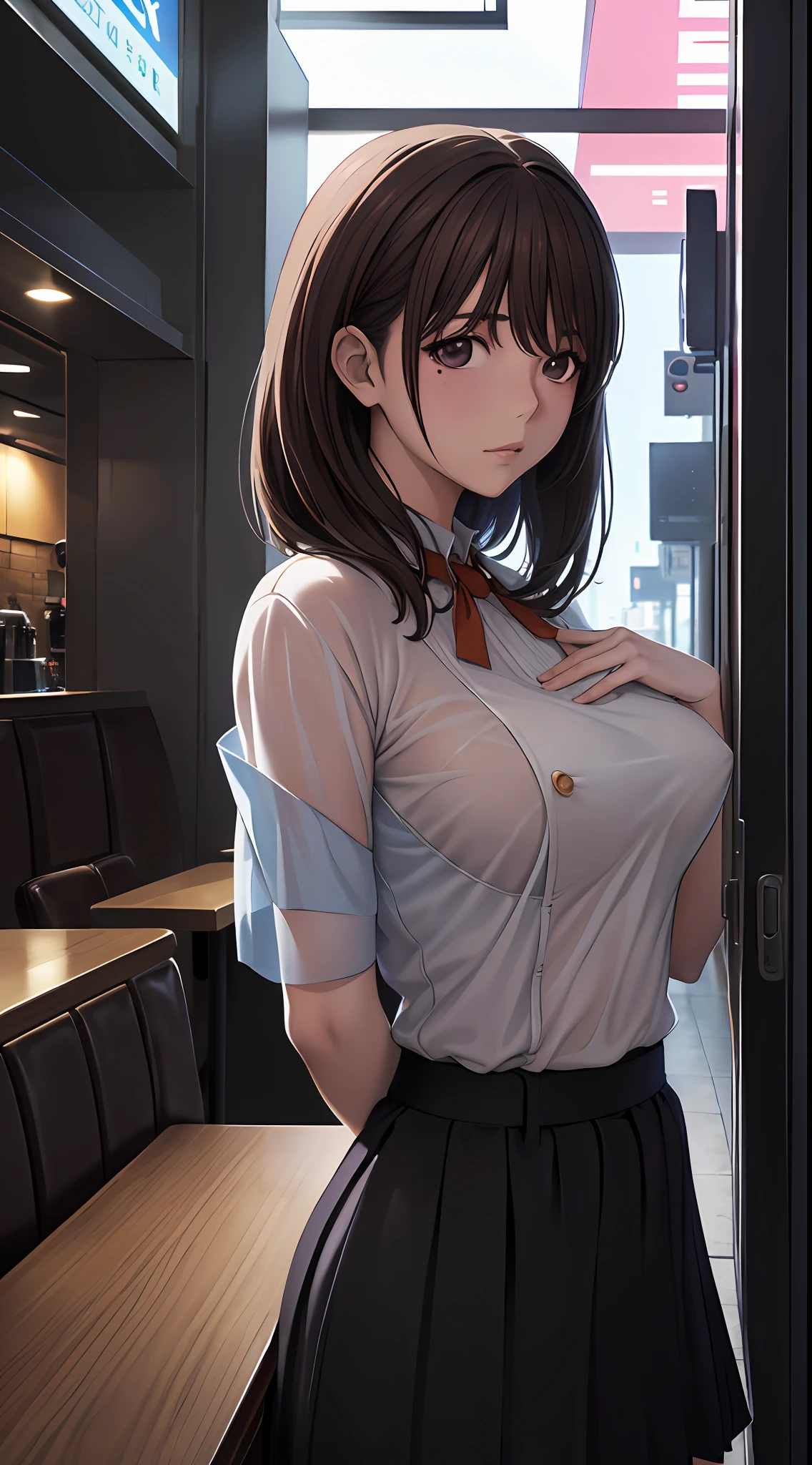 Anime girl with big breasts posing in front of the window, ((Restaurant uniform: 1.2))),((no bra)), ((see-through)), are see-through)), (((looks away in embarrassment)), ((upper body)), ((focused on people)), ((brown hair)), ((looking from the front)), ((hands down)), seductive anime girl, best anime 4k konachan wallpapers, perfect gray haired girls, charming anime girls, 4k anime wallpapers, 4k manga wallpapers,, detailed digital anime art, anime best girls, beautiful anime girls, cyberpunk, detailed anime artwork, beautiful attractive anime women