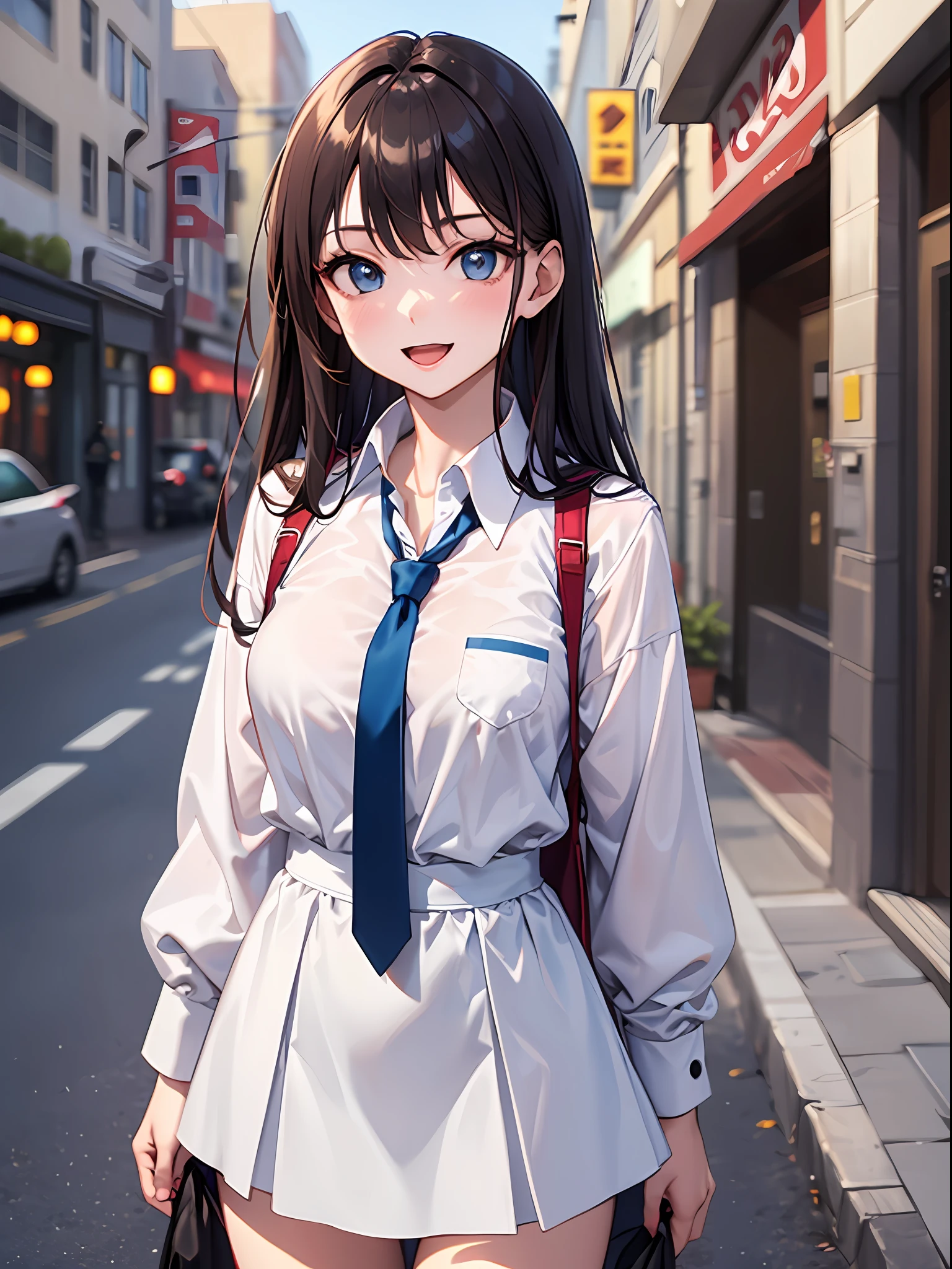 Young woman 18 years: 1.3, Long brown hair: 1.2, Tall: 1.2, Occupation: 1.2, Daytime: 1.2, On the street: 1.2, Film lighting, Best quality, 8k, unbuttoned school uniform, white dress shirt, blue tie ((anime traits)) Korean girl, simple uniform, Korean girl, seductive look, sexy, open mouth and smiling ((small breasts))