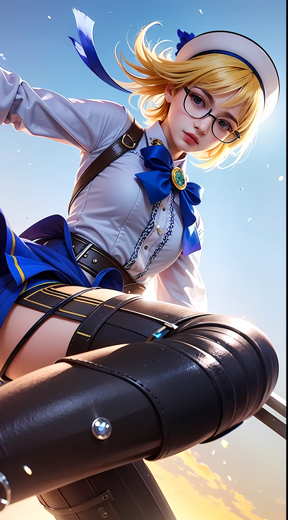 Protrait, photograph, hunnuman androgyny, oval jaw, delicate features, beautiful face, wearing glasses, yellow hair, long bangs, long ponytail, bright blue-green eyes, hindu art, Korean