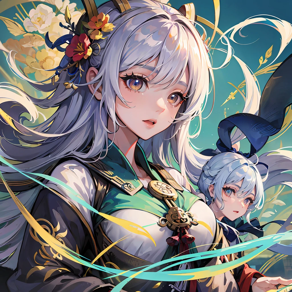 (masterpiece, best quality, extremely detailed CG, beautiful detailed eyes, ultra-detailed, intricate details:1), (zentangle:1.2),light background, shiny skin, (shiny silver hair:1.2), (knight clothes:1), long hair, (multicolored hair:0.1),(1noble daughter:0.8),(Brave:1.25),wise, (7 colors rainbow beautiful blue sky back ground:1.4),(hold a embellished long sword hilt on right hand:1.8),(back hair tied with a yellow ribbon:1.2), (sunbeam:1.1),(fluttering petals:1.3),