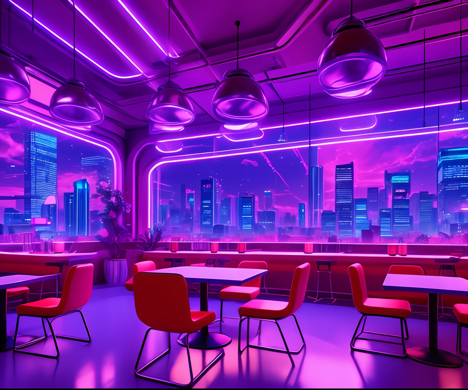 ((masterpiece)), (ultra-detailed), (intricate details), (8k high-resolution CGI art), Create an image of a small cyberpunk (coffee shop) retro-futuristic and realistic vaporwave overnight. One of the walls should feature a large window with a bustling, colorful and detailed cityscape (cyberpunk), synthwave, neon. The city should have a futuristic style with many colors, neon lights, signs and buildings of different sizes. The cityscape should be extremely detailed with depth of field. The city should have a lot of visual interest with lots of small details. Use atmospheric lighting and ambience to create depth and evoke the feeling of a bustling futuristic city outside the window. Pay close attention to details like coffee, cups, coffee makers, pictures on the wall, table, chairs. Camera: cafeteria showing table and window. The window should be the focal point of the image. Lighting: Use atmospheric and volumetric lighting to enhance the details of the cityscape. The cafeteria should be illuminated by the neon lights of the urban landscape.