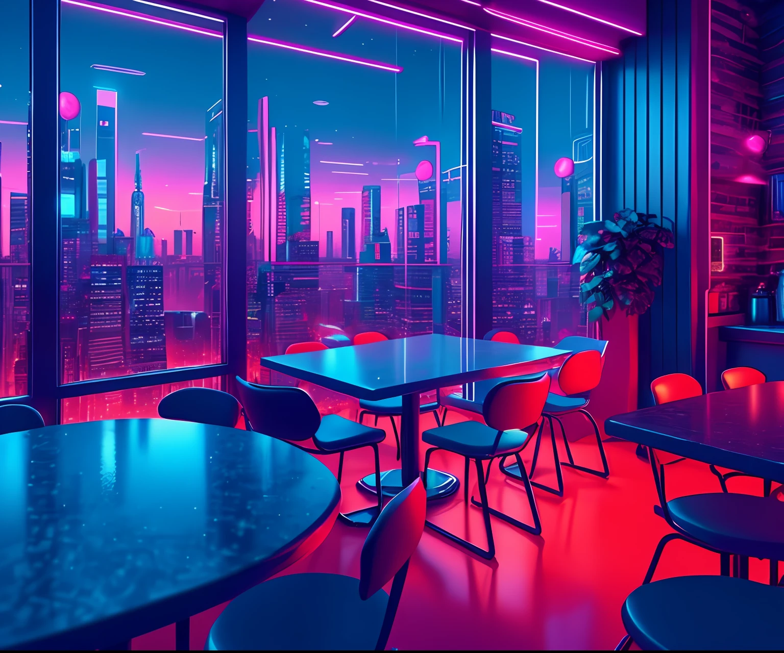 ((masterpiece)), (ultra-detailed), (intricate details), (8k high-resolution CGI art), Create an image of a small cyberpunk (coffee shop) retro-futuristic and realistic vaporwave overnight. One of the walls should feature a large window with a bustling, colorful and detailed cityscape (cyberpunk), synthwave, neon. The city should have a futuristic style with many colors, neon lights, signs and buildings of different sizes. The cityscape should be extremely detailed with depth of field. The city should have a lot of visual interest with lots of small details. Use atmospheric lighting and ambience to create depth and evoke the feeling of a bustling futuristic city outside the window. Pay close attention to details like intricate, rental eyes, and '90s bedroom details. Camera: cafeteria showing table and window. The window should be the focal point of the image. Lighting: Use atmospheric and volumetric lighting to enhance the details of the cityscape. The cafeteria should be illuminated by the neon lights of the urban landscape.