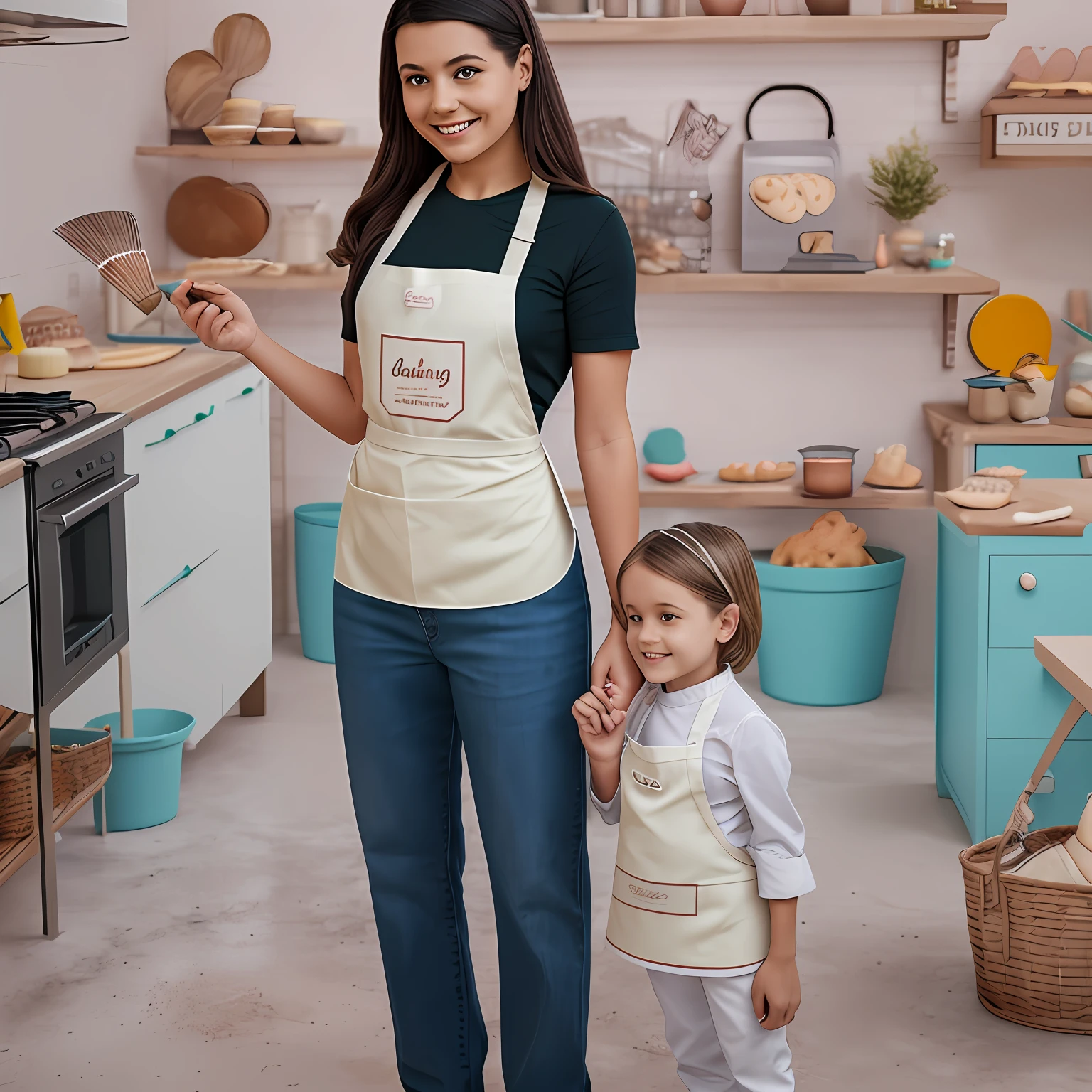 Young parents bring their kids to baking experience in baking studio, young female baking teacher, wearing apron, booth at exhibition in background, exhibition details, global illumination, shadows, octane rendering, 8k, warm colors, highly complex details, realistic light, CGsociety trends, glowing eyes, facing camera, smiling, standing --auto --s2