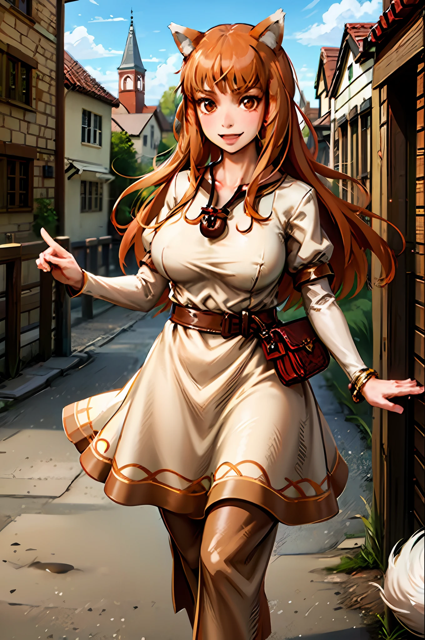 (holo:1.5), (holoBrownDress:1.5), masterpiece, best quality, absurdres, 1girl, looking at viewer, standing, cowboy shot, outdoors, medieval, cobblestone street, town, pouch, sash, smile, fruit, apple, basket,huge breast, curvy