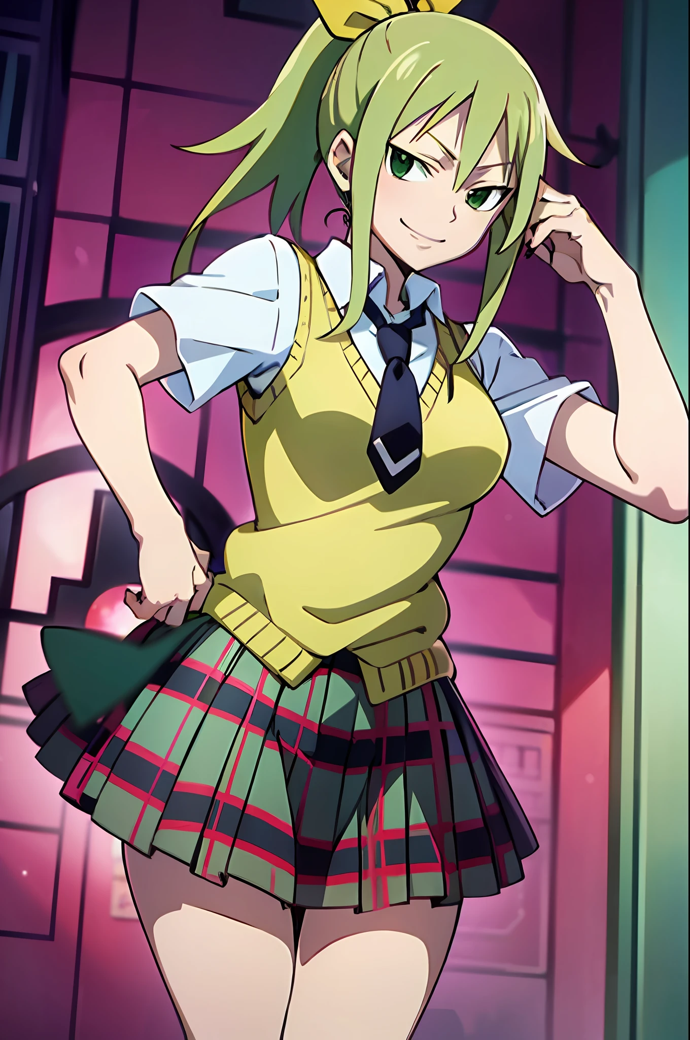 light smile, Schoolgirl attire, white blouse with yellow sweater vest, green striped tie, red plaid skirt, green eyes and ashy hair in a twin ponytail, (style of soul eater and fairy tail anime), (illustrated by Hiro Mashima and Atsushi Ohkubo), (style mixing)