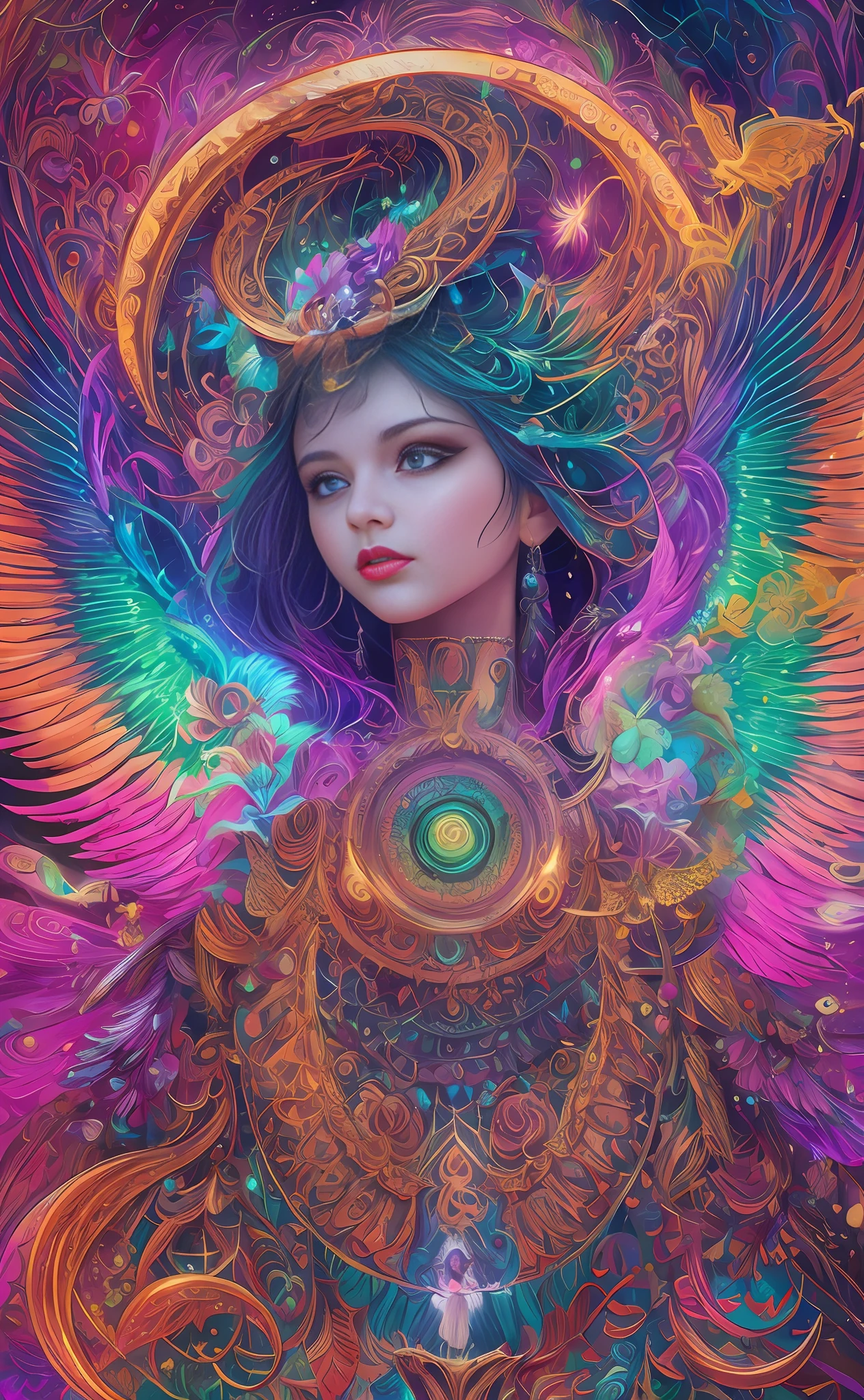 a woman with colorful wings and a halo on her head, colorfull digital fantasy art, detailed fantasy digital art, 4k highly detailed digital art, 4k detailed digital art, beeple and jeremiah ketner, intricate digital painting, hyper - detailed visionary art, digital fantasy art ), digital art fantasy art, elaborate digital art, fantasy art behance