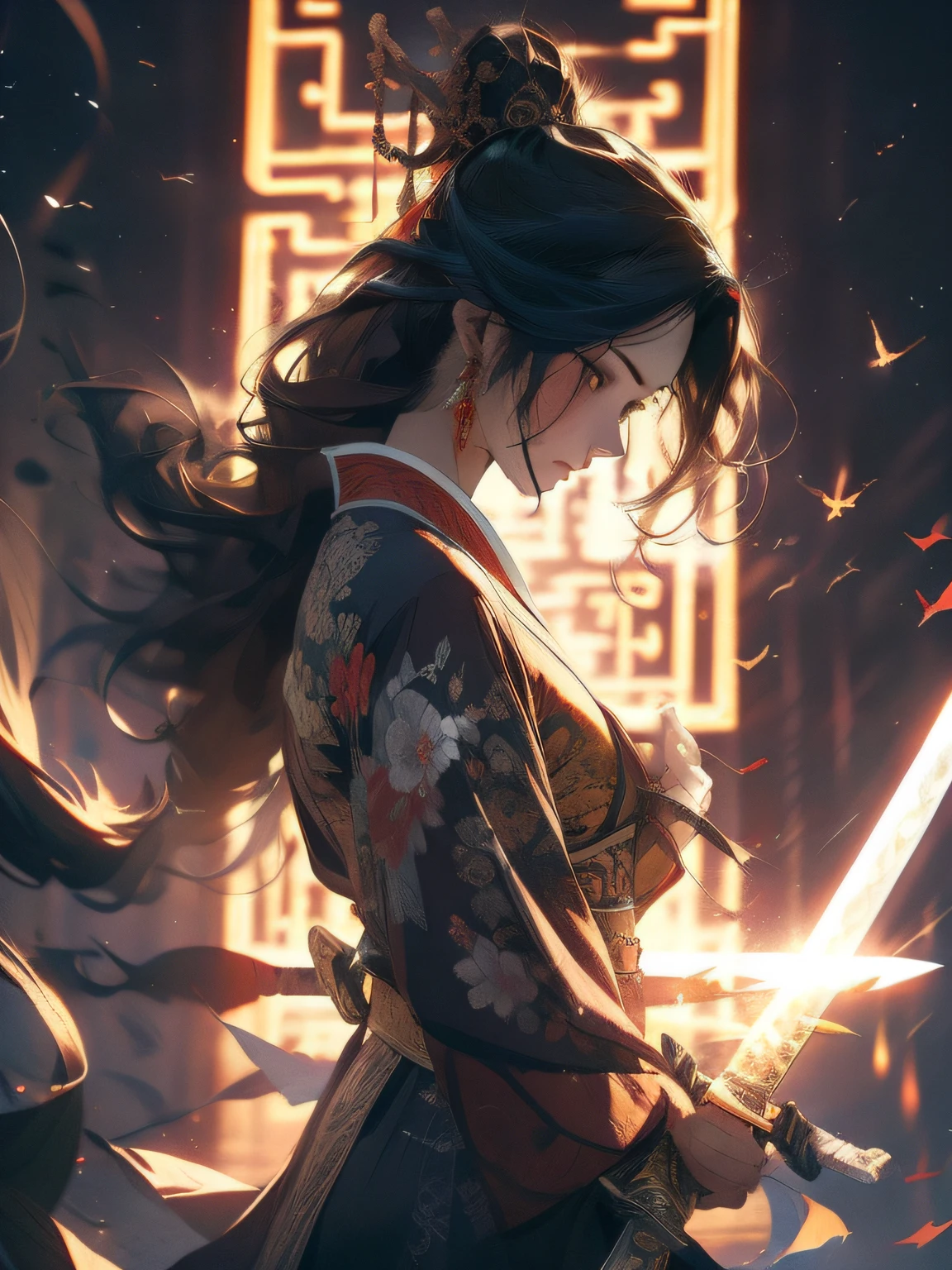 (Fidelity: 1.4), Best Quality, Masterpiece, Ultra High Resolution, Poster, 8K, Fantasy Art, Dynamic Lighting, Art Station, Poster, Volume Lighting, Very Detailed Faces, 4k Wallpaper, Award-Winner, A Girl with a Sword, Red Headband, Long Black Hair, Long Flowing Hair, Katana, Holding a Great Sword, Demon Samurai, Black Clothes, Red Belt, Red Sword Qi, Dynamic Perspective, Dramatic Composition, (Ultra: 1.4), Ancient Chinese Architecture Background, A Round of Red Moon, Movie Lighting
