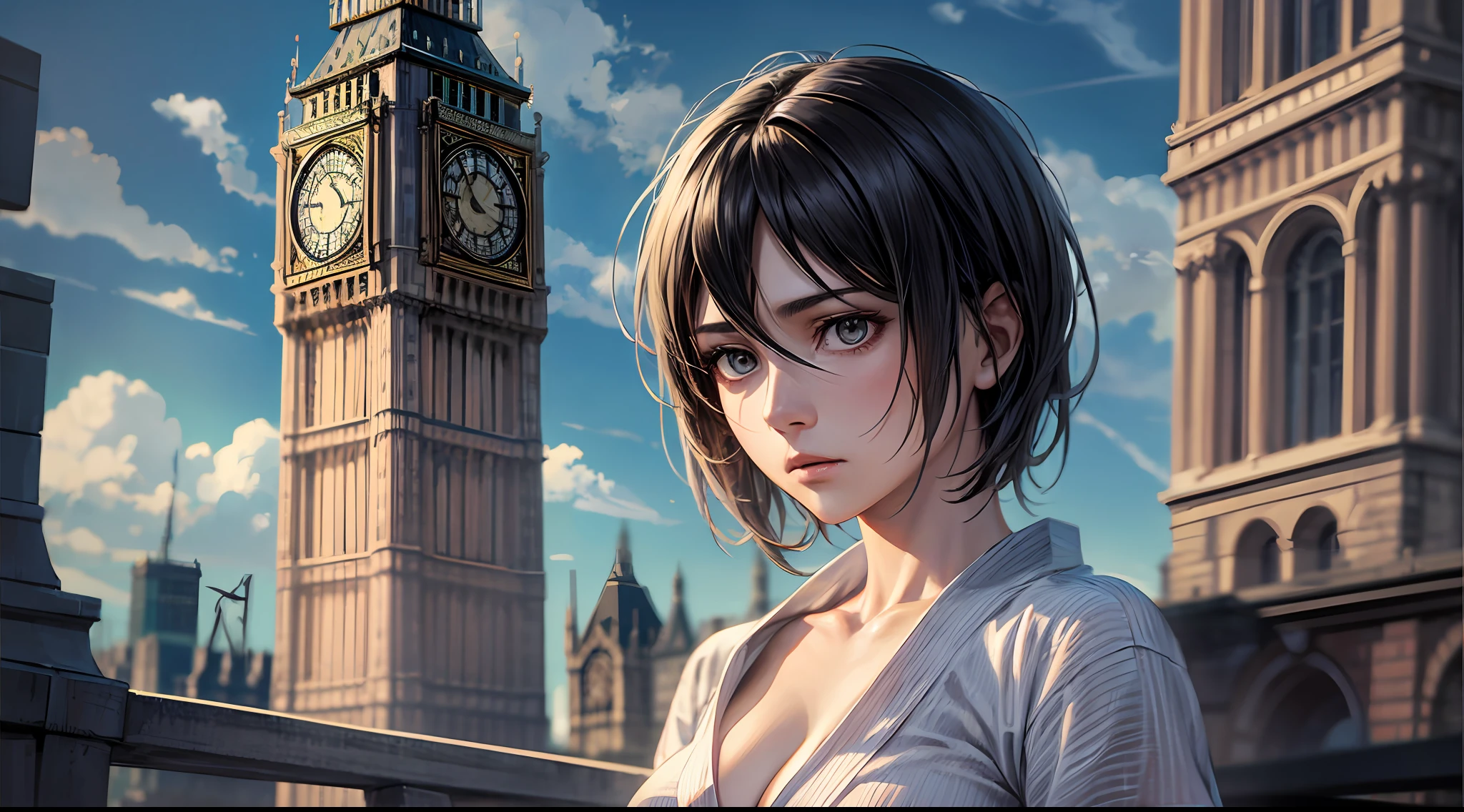 (Attack on Titan, Mikasa Ackerman), brown skin, (yukata), (short black hair), young, cute, beautiful girl, perfect style, big, emphasizing cleavage, expressionless, realistic, realistic, 8k, very detailed, highest quality, best quality, super high definition, masterpiece, one girl, (big ben in London),