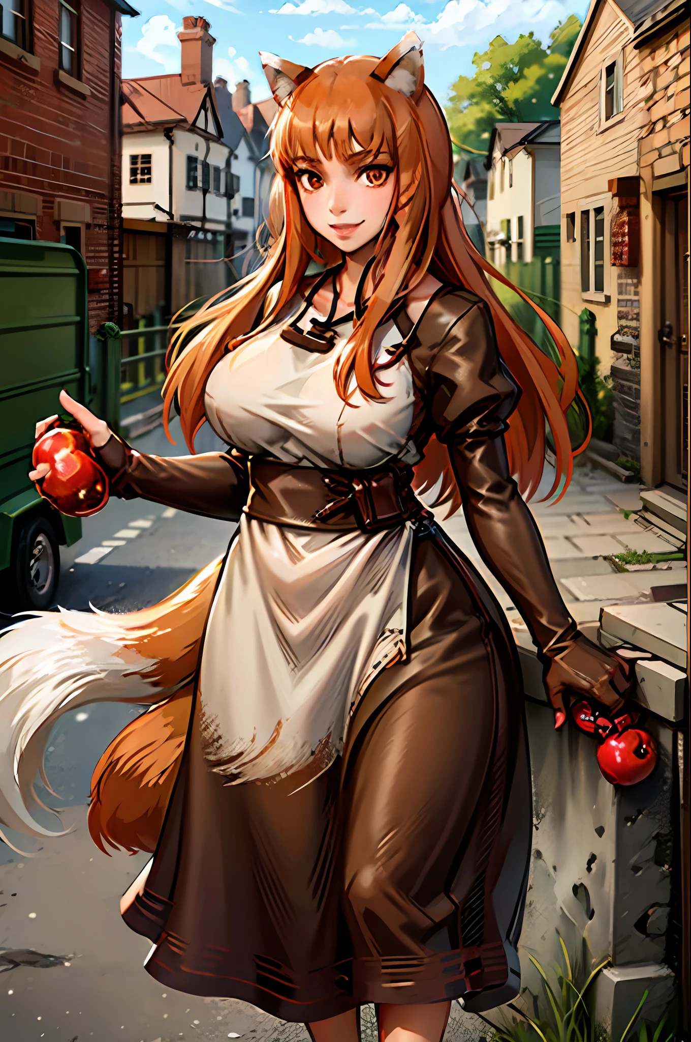 (holo:1.5), (holoBrownDress:1.5), masterpiece, best quality, absurdres, 1girl, looking at viewer, standing, cowboy shot, outdoors, medieval, cobblestone street, town, pouch, sash, smile, fruit, apple, basket,huge breast, curvy