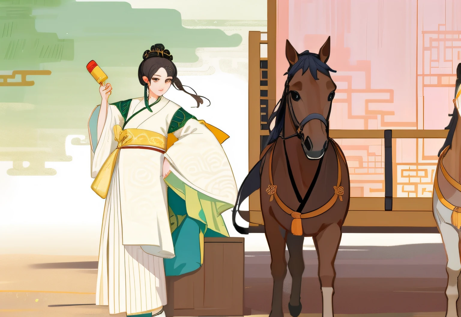 anime characters are riding horses in a scene with a woman, palace , a girl in hanfu, wearing ancient chinese clothes, hanfu, shuushuu anime image, from sengoku period, with horse driven, by Li Fangying, inspired by Zhao Yuan, inspired by Lü Ji, illustration!, ancient chinese beauties, by Yu Zhiding