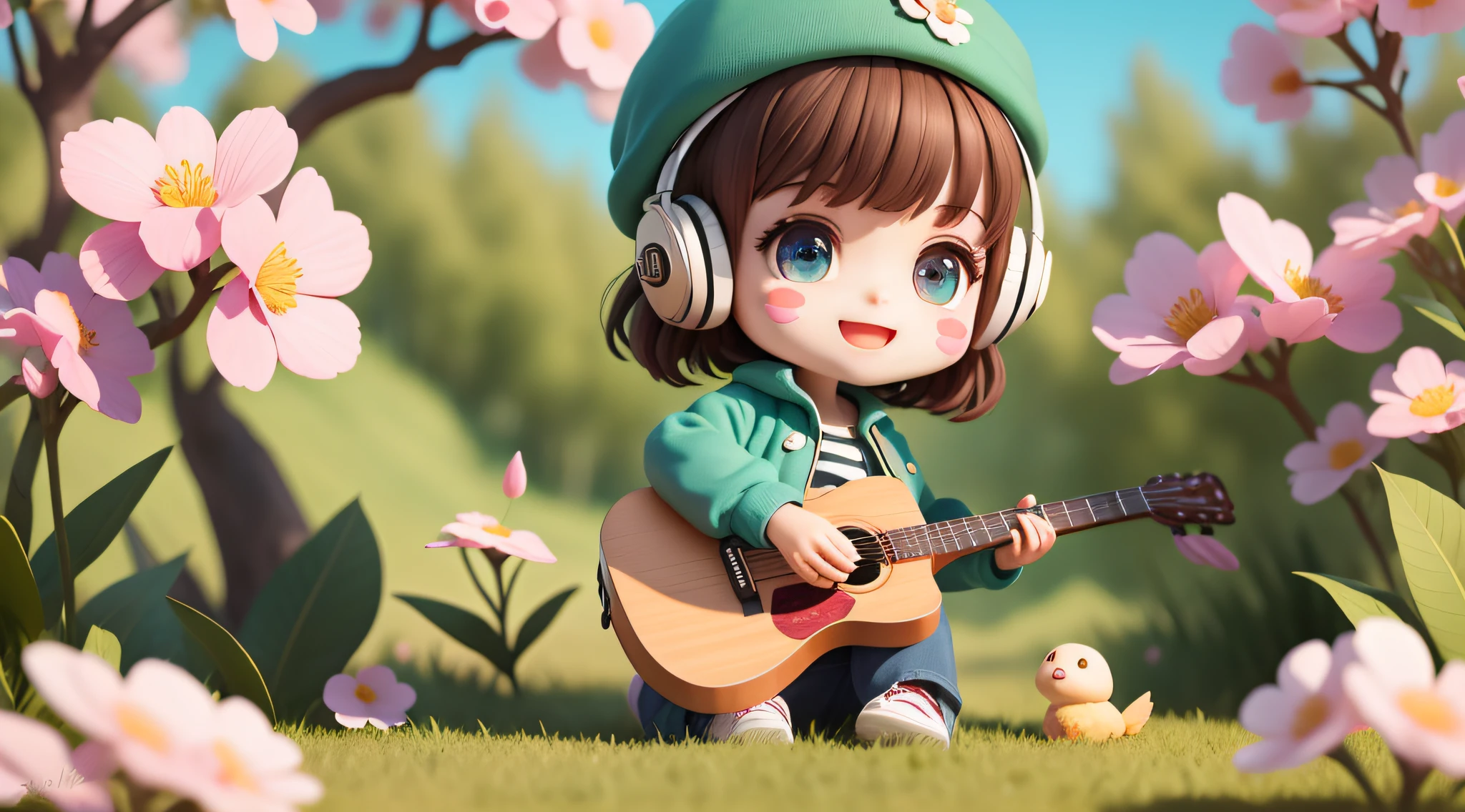 (masterpiece),(best quality),(ultra-detailed), (full body:1.2), 1girl,chibi,cute, smile, open mouth, flower, outdoors, playing guitar, music, beret, holding guitar, jacket, blush, tree, :3, shirt, short hair, cherry blossoms, green headwear, blurry, brown hair, blush stickers, long sleeves, bangs, headphones, black hair, pink flower, (beautiful detailed face), (beautiful detailed eyes),