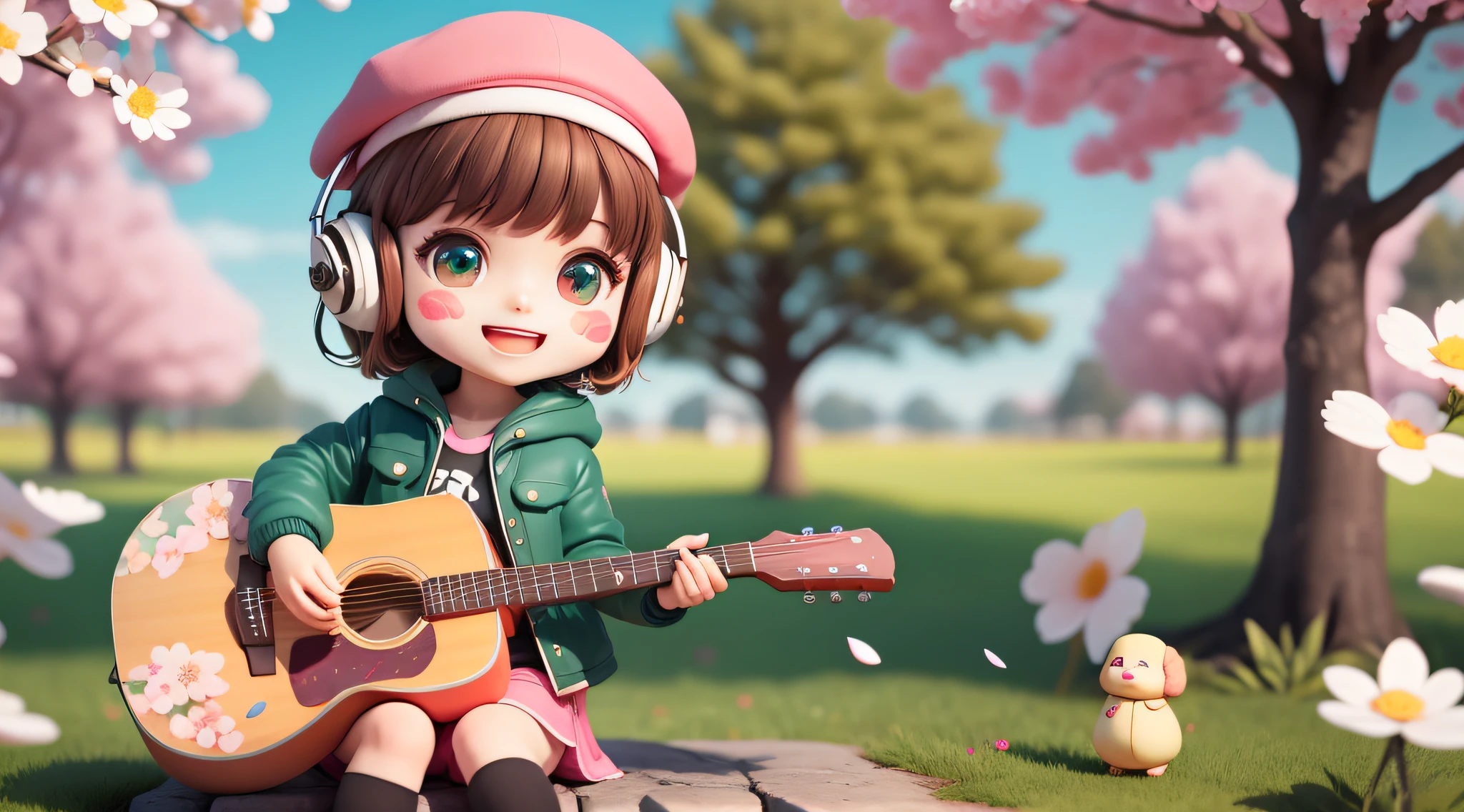 (masterpiece),(best quality),(ultra-detailed), (full body:1.2), 1girl,chibi,cute, smile, open mouth, flower, outdoors, playing guitar, music, beret, holding guitar, jacket, blush, tree, :3, shirt, short hair, cherry blossoms, green headwear, blurry, brown hair, blush stickers, long sleeves, bangs, headphones, black hair, pink flower, (beautiful detailed face), (beautiful detailed eyes),