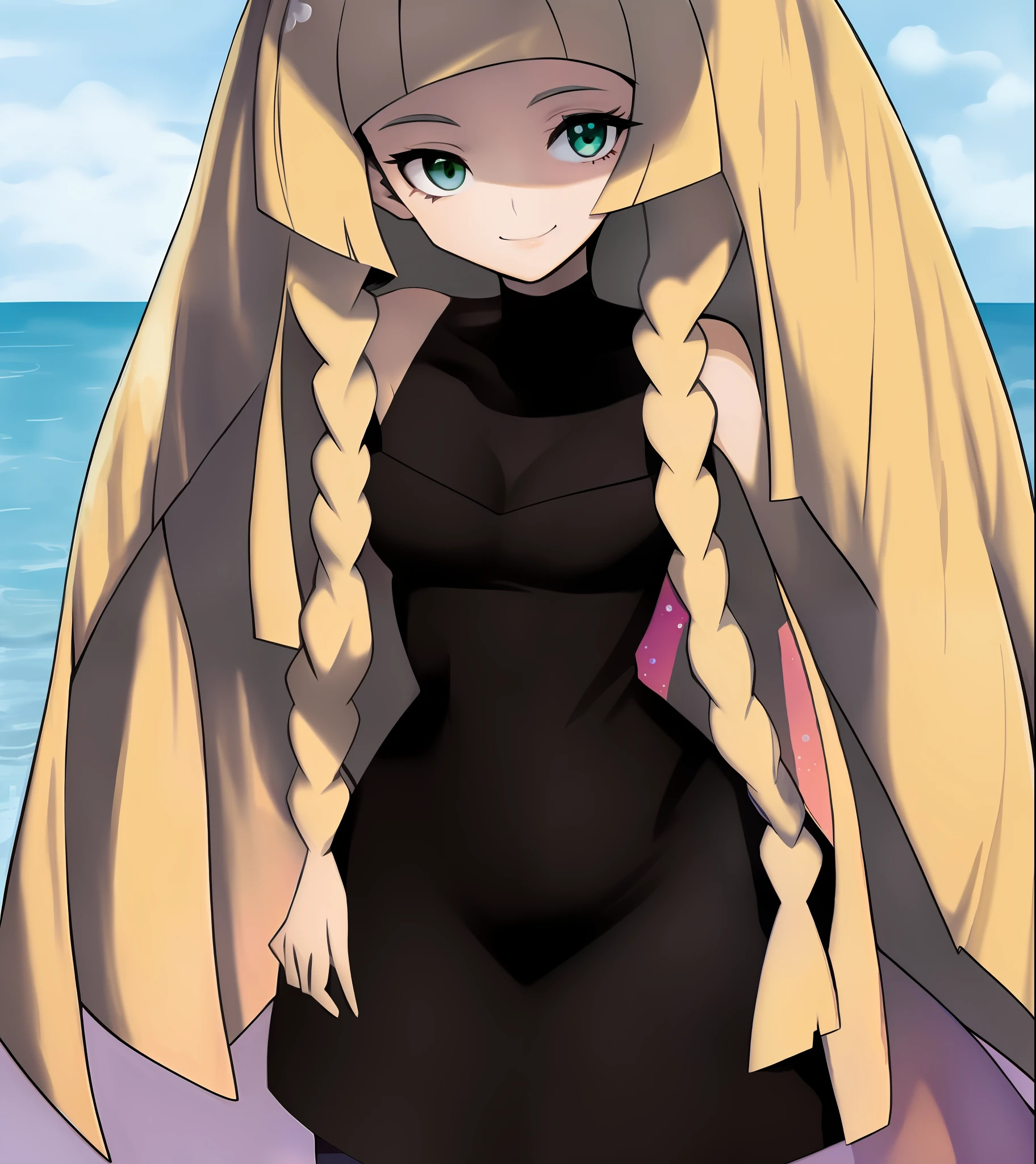 lillie \(pokemon\), beach, 1girl, solo, standing, cowboy shot, looking at viewer, green eyes, smile, v arms, own hands together, twin braids, ((Lusamine)), (Lusamine Dress)