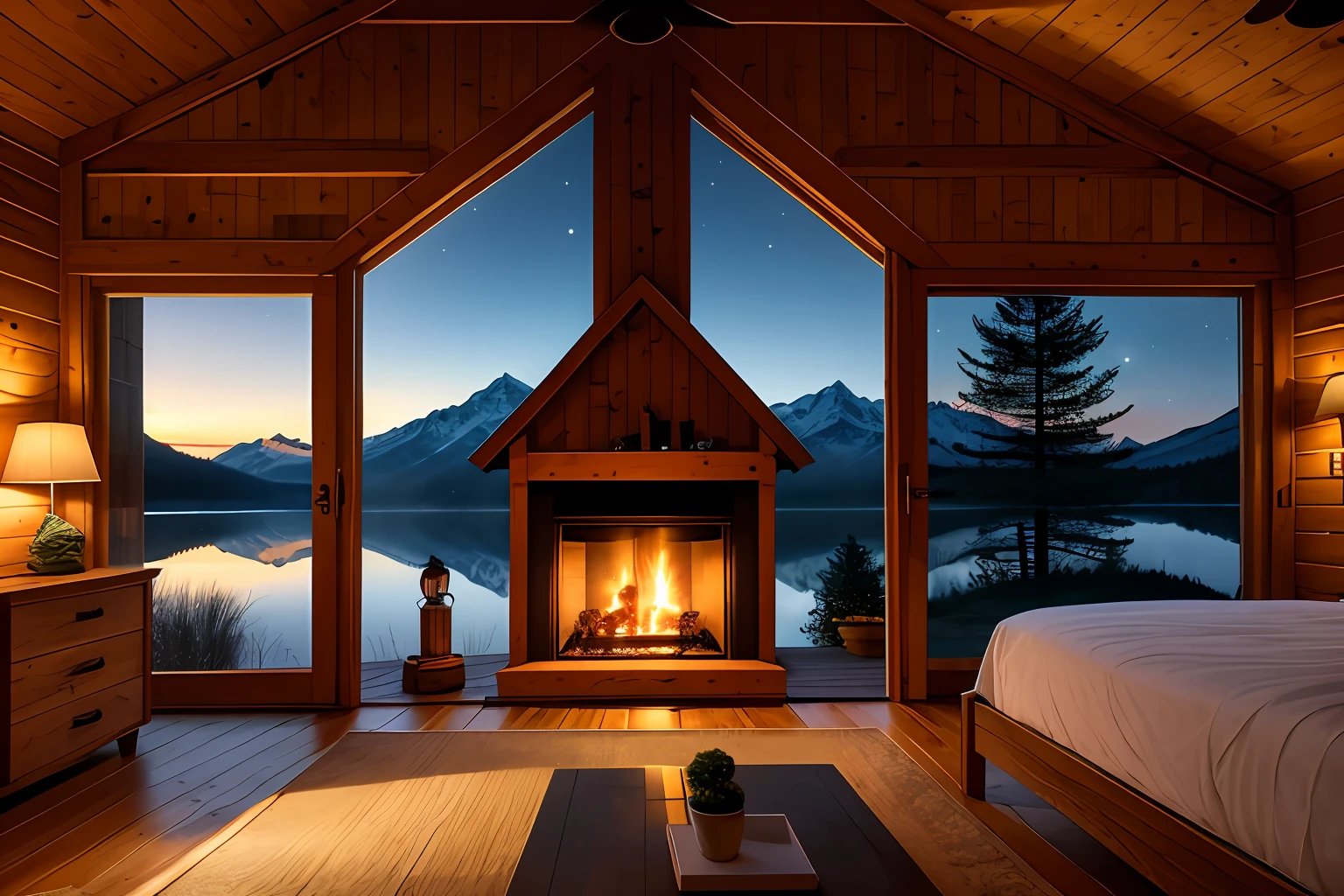 view from inside a wooden house, with fireplace, large glass windows, overlooking a lake, mountains, mild and cold climate, fog, night, HDR, photorealism, quality of masterpiece, best quality, mountains, pond, firefly, dark night, a wooden house, fog