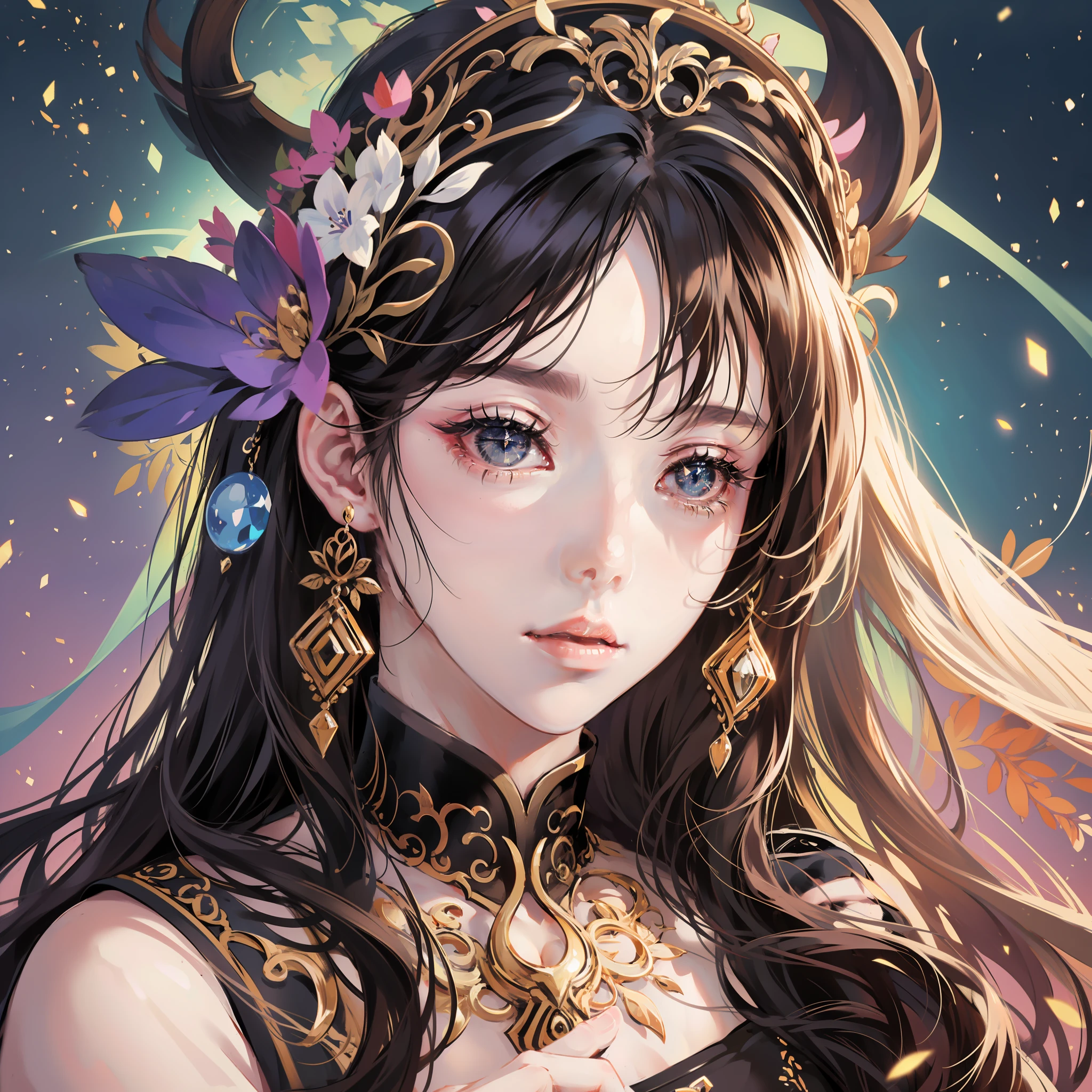 ((Masterpiece, Superb, Super Detailed, High Resolution)), solo, beautiful girl, sparkling eyes, perfect eyes, 15 years old, black and white gold theme,