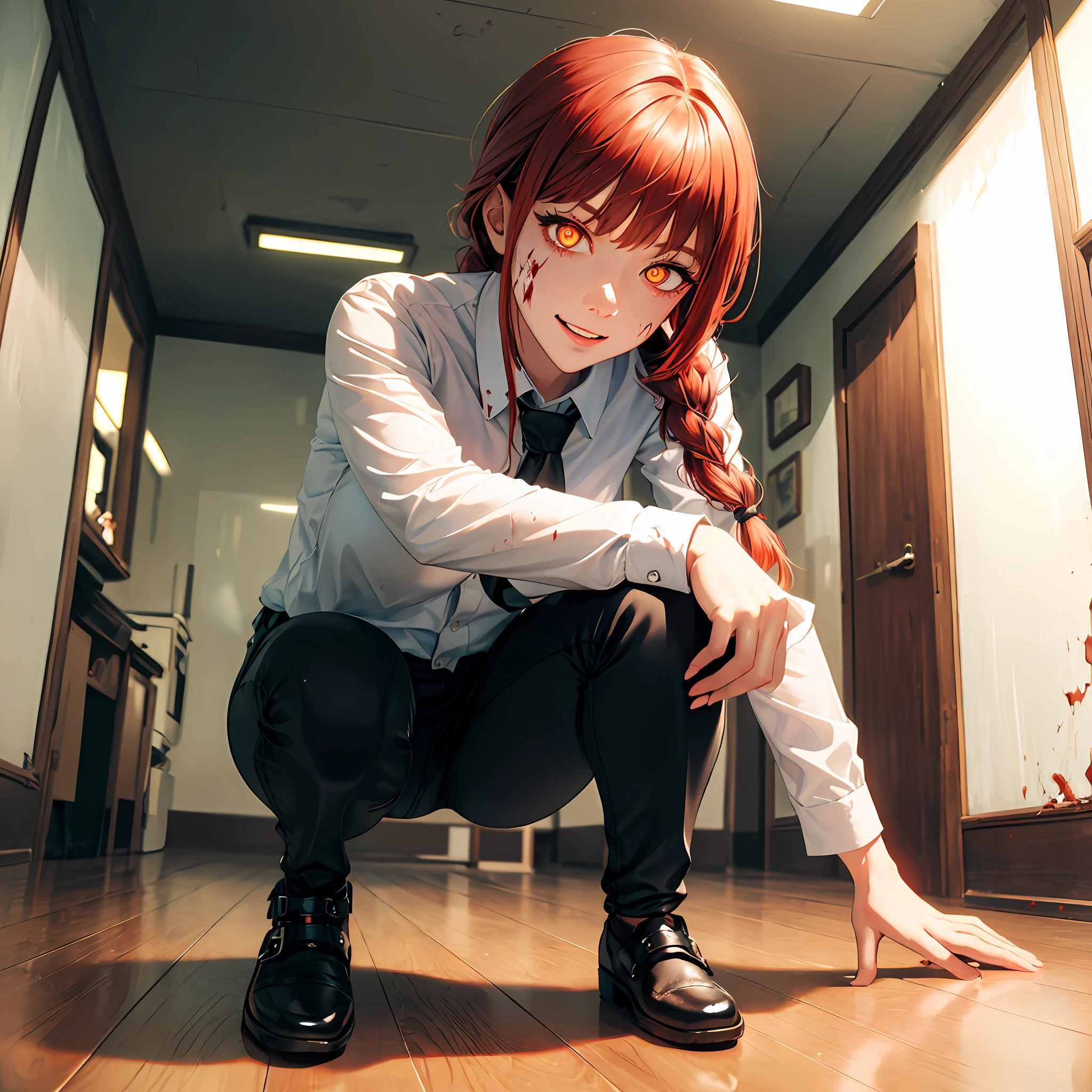 (((masterpiece))),(best quality), 1girl,solo, extremely detailed, detailed face,detailed eyes,illustration,2k,(full body:1.2), makima \(chainsaw man\),squatting knee down, red hair, long braided hair, golden eyes, bangs, white shirt, necktie,(sinister smirk), blood on face, blood on clothes, blood on floor, detailed eyes, hyperdetailed eyes, glowing eyes, neon eyes