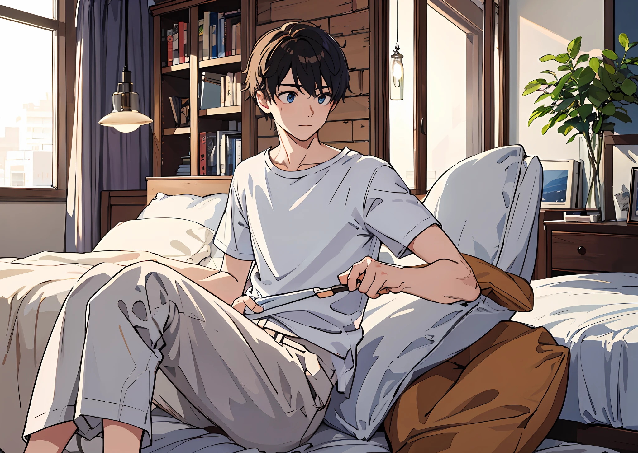 (masterpiece, best quality), 1boy, Talk, Indoor , , White T-shirt,,, In the bedroom