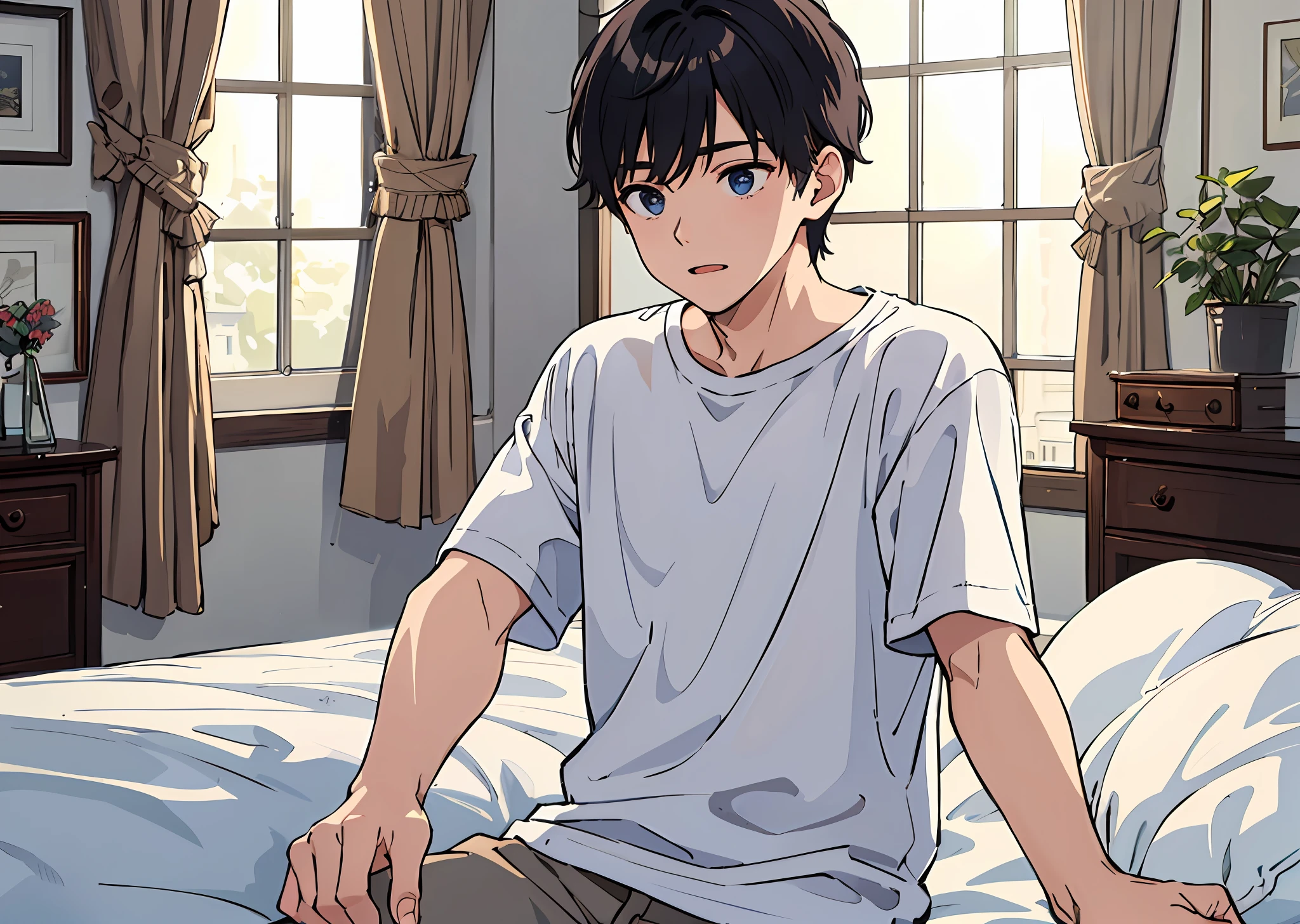 (masterpiece, best quality), 1boy, Talk, Indoor , , White T-shirt,,, In the bedroom