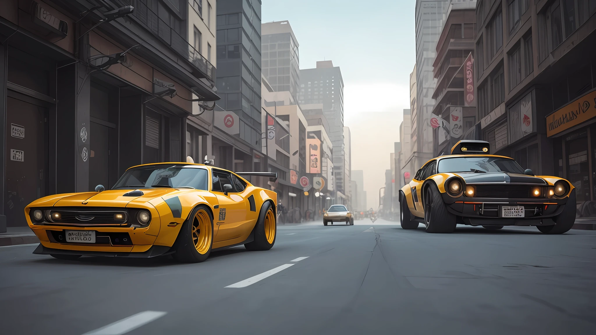 professional photo of a futuristic muscle car with multiple modifications, large wheels, yellow painting, parked, cybernetic hood, cyber car parts, (exotic headlights), mad-max, v8 engine, blower, front pop up headlights, futuristic, car mods, spoiler, science fiction, sci-fi scenario, night, natural light, cyberpunk, futuristic city, cyberpunk city, neon signs, (highly detailed), (highly detailed background), multiple buildings in the background, detailed textures, wide angle, 8k, HDR, professional photoshoot, high quality photo, realistic photo, realistic shadows, detailed shadows, realistic proportions, photographed with a Sony a9 II Mirrorless Camera, film grain, raw photo, physically-based rendering, vibrant colors, award winning picture, (color particles).