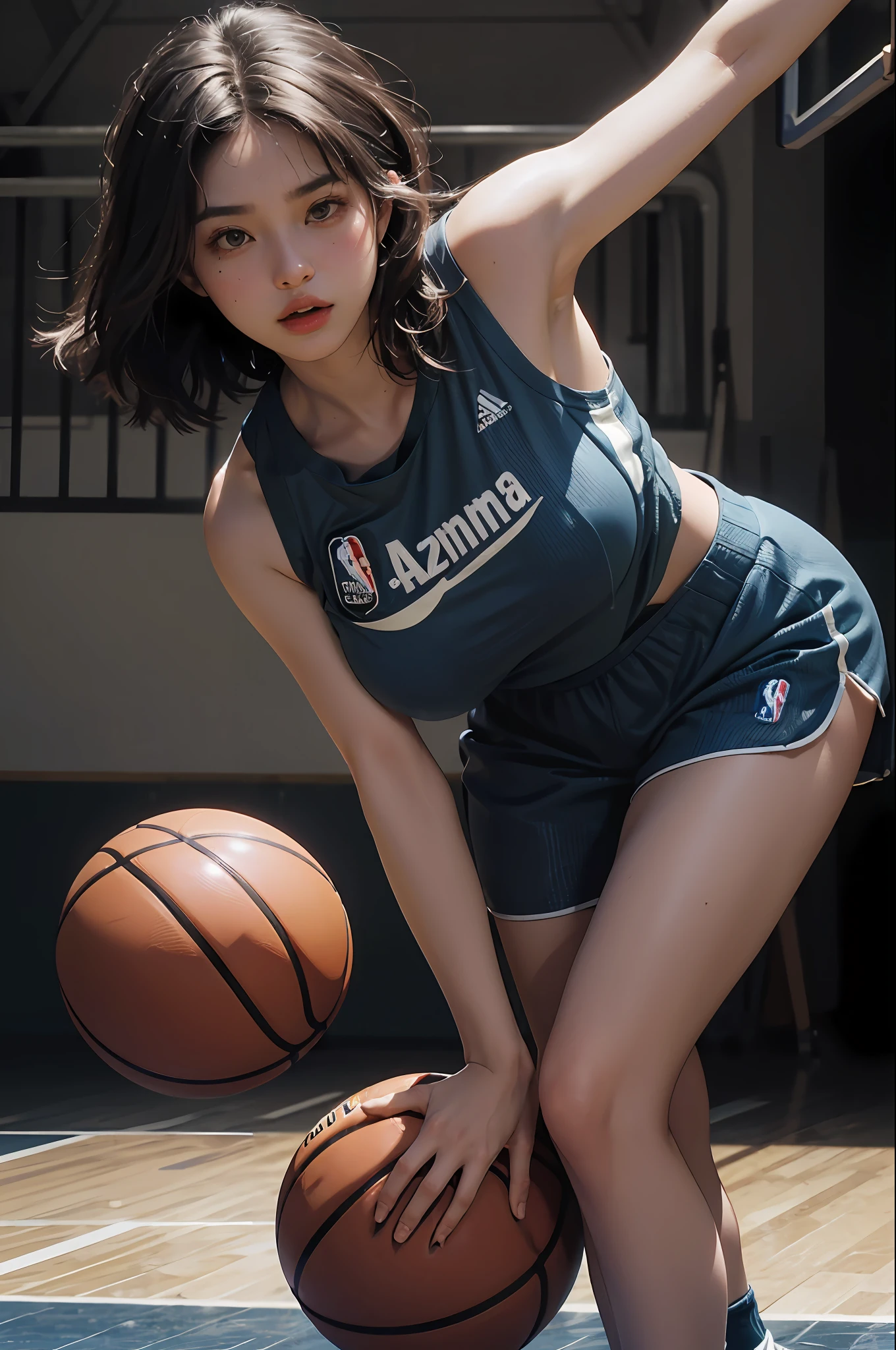 (RAW photo, 4k, masterpiece, high resolution, extremely complex) (realistic: 1.4), cinematic lighting
1 Girl, Solo Focus, Summer Noon, Hot, 1990s\(Style\), (Best Quality), (Highres), (an Extremely Delicate and Beautiful),,(Beautiful 8k face),(Brown eyes),(ulzzang-6500:1.0),(solo),(Looking side),( spectators),(large breasts),(NBA),bent over,,lookside,(side), ,(Basketball sportswear),((Play basketball)),((gymnasium)),((speed)),(reality),