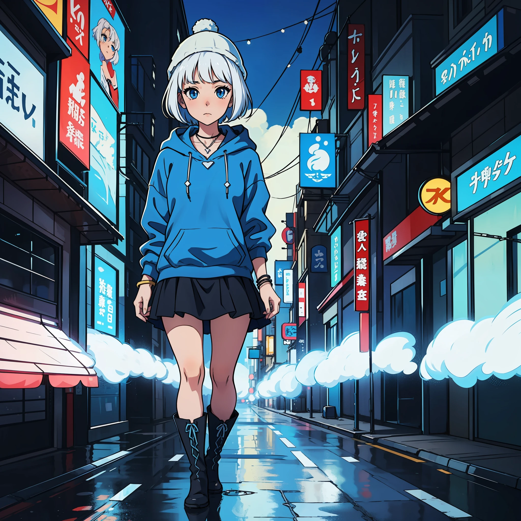 Anime girl with short white hair wearing a white beanie, wearing a blue necklace, blue eyes, wearing a blue hoodie, wears a short black skirt with a few white lines, wearing a bracelet on the thigh, Wearing black boots with blue laces, single character full body, full body portrait, anime full body illustration, downtown japan background