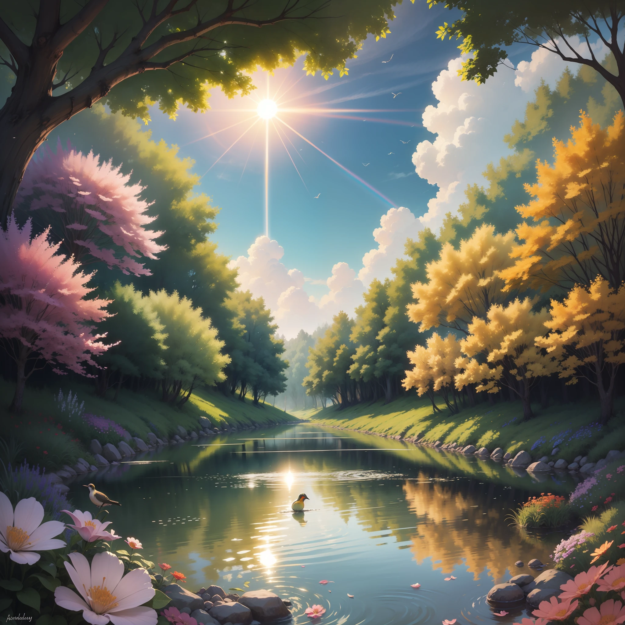 Sea of flowers, streams, sun, rainbows, birds