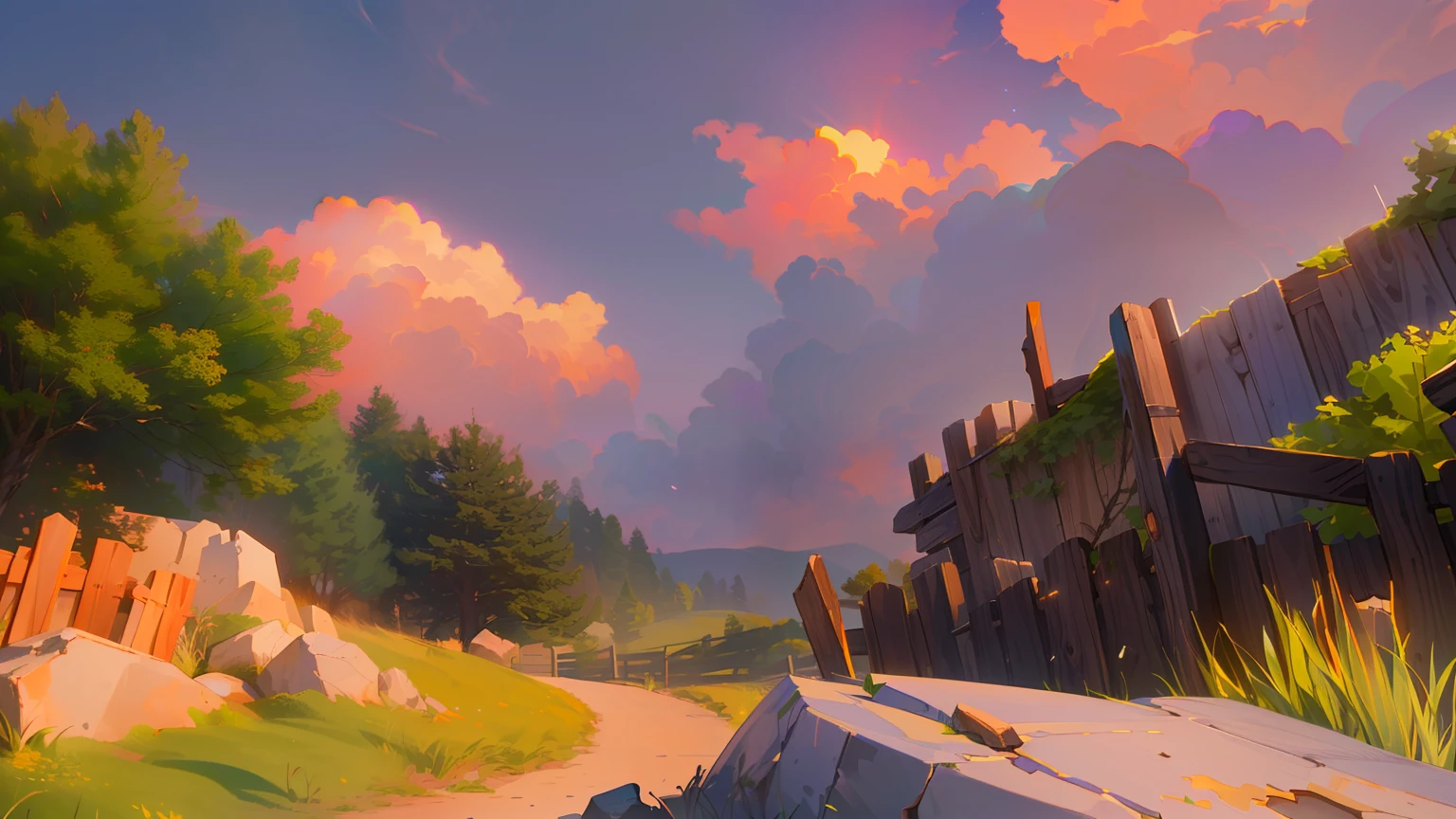 T Bokeh, Depth of Field, HDR, Bloom, Chromatic Aberration, and Intricat (illustration: 1.0), epic composition, realistic lighting, HD details, masterpiece, best quality, (very detailed CG unified 8k wallpaper), sunset, lavender sky, pink clouds, wooden fence, broken wooden parts, rocks, trees