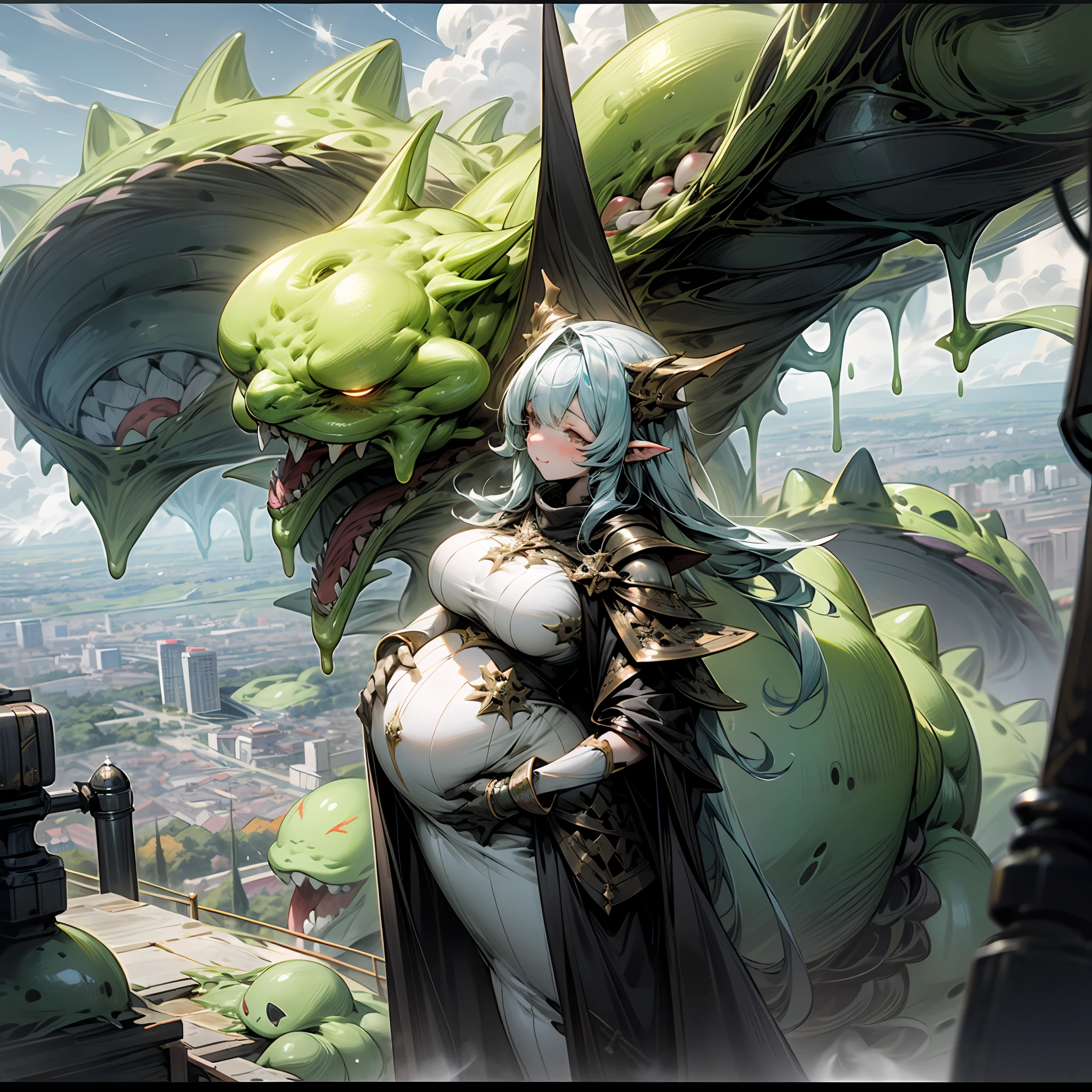 Giant, Goddess, Royal Sister, Slime, Slime Monster, Female Monster, Pregnant, Big Breasts, Behemoth, Milk, Giant Standing by the City Tall Building, Female Slime Monster Comparable to Tall Building, High Altitude View
￼
￼
U --auto
