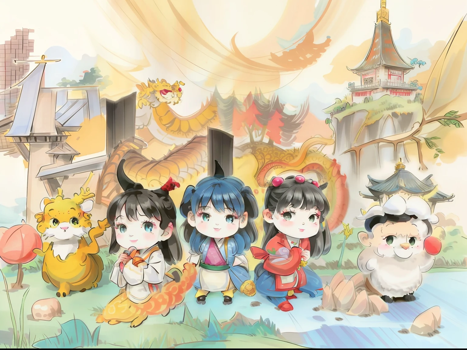 Cartoon children gathered around the dragon statue in the park, official fan art, beautiful artwork illustration, colorful children's book illustration, yellow dragon head festival, 8K cartoon illustration, children's illustration, official illustration, color illustration, promotional art, Negao, exciting illustration, digital cartoon drawing art, illustration of West Lake, illustration of Canton Tower, illustration of Dayanshanjian Era Tower, illustration of Fang Pagoda, big view