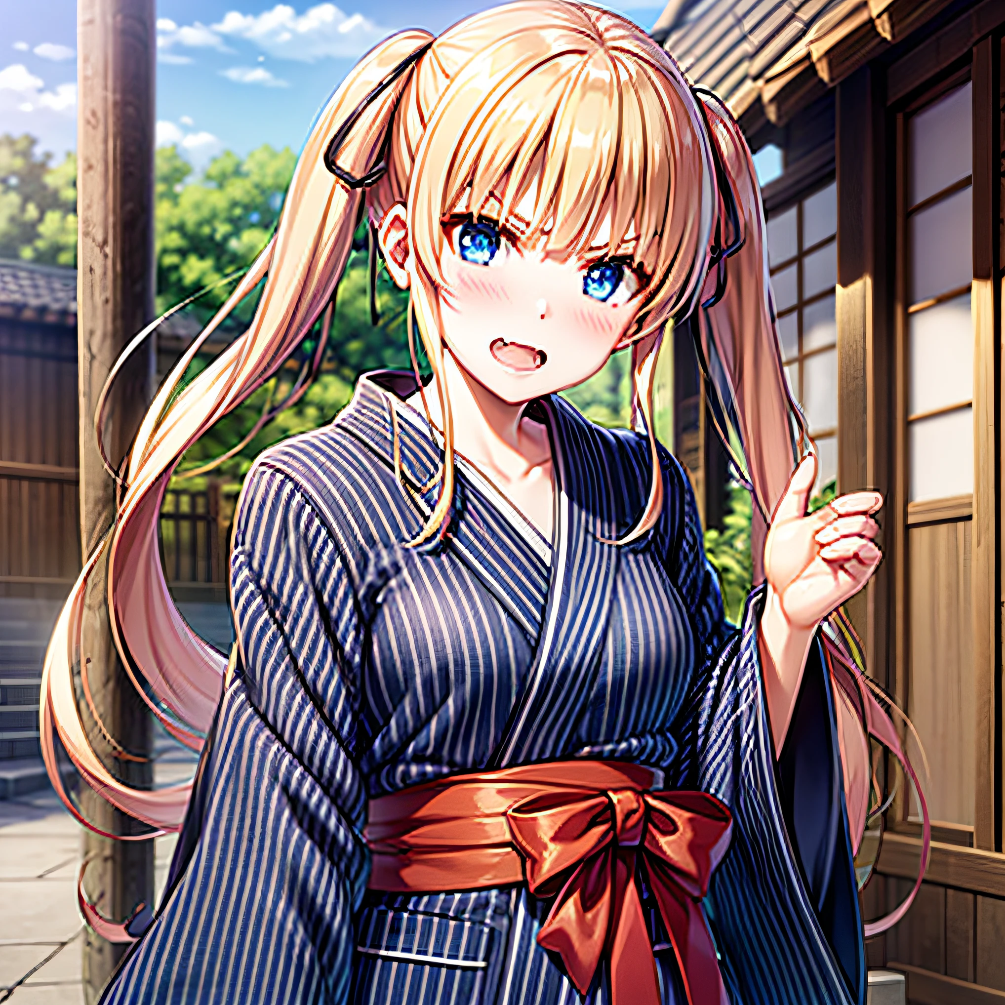 ph_eriri, Sawamura Spencer Eri, 1 girl, Solo, Twin tails, Blonde hair, Blush, Open mouth, Long hair, Fangs, Hair ribbon, Blue eyes, Black ribbon, Stripes, Japanese clothing, View viewer, Side lock, Clavicle, Bangs, Kimono, Shy look, Indos, Yukata, Nasal blush, V-shaped eyebrows, Long sleeves, Embarrassing, Sash, Slouch, D: , (Masterpiece: 1.6, highest quality), ( beautiful eye for details: 1.2),