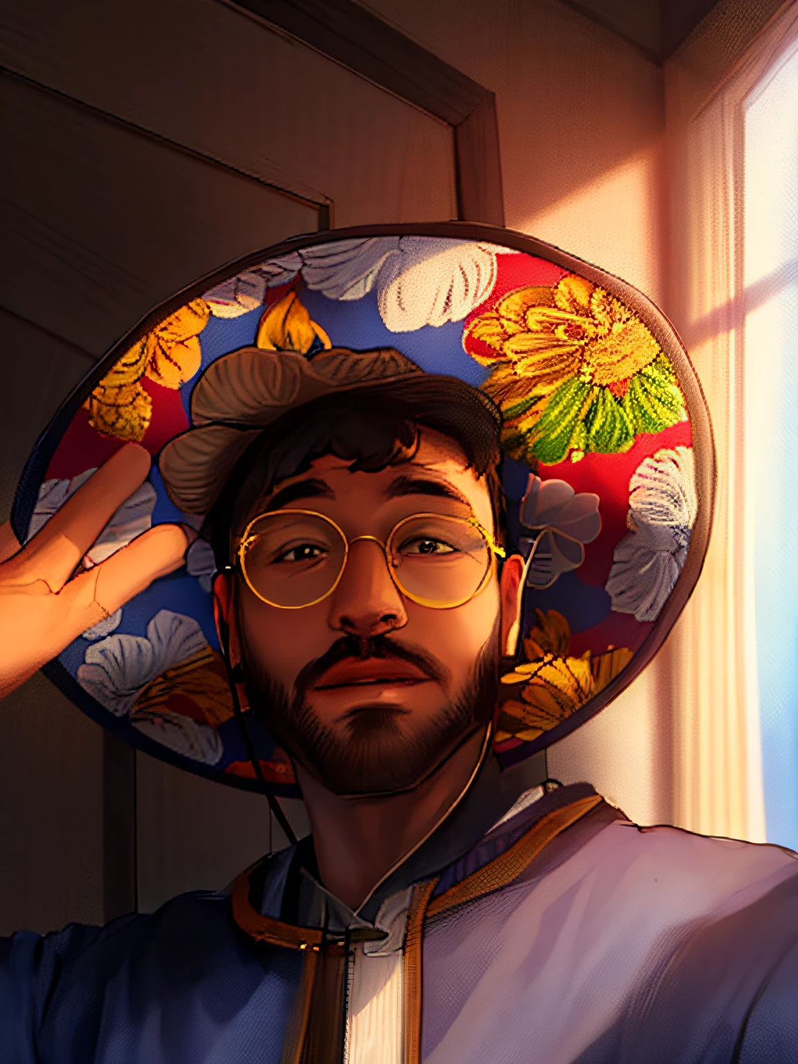 arafed man wearing a sombren and glasses in a room, with a weird hat, he is wearing a hat, wearing a silly hat, wearing sombrero, wearing a travel hat, archwizzard in a hat, it's wearing a cute little hat, wearing a hat, wearing a fisher 🧥, with hat, twitch streamer / gamer ludwig