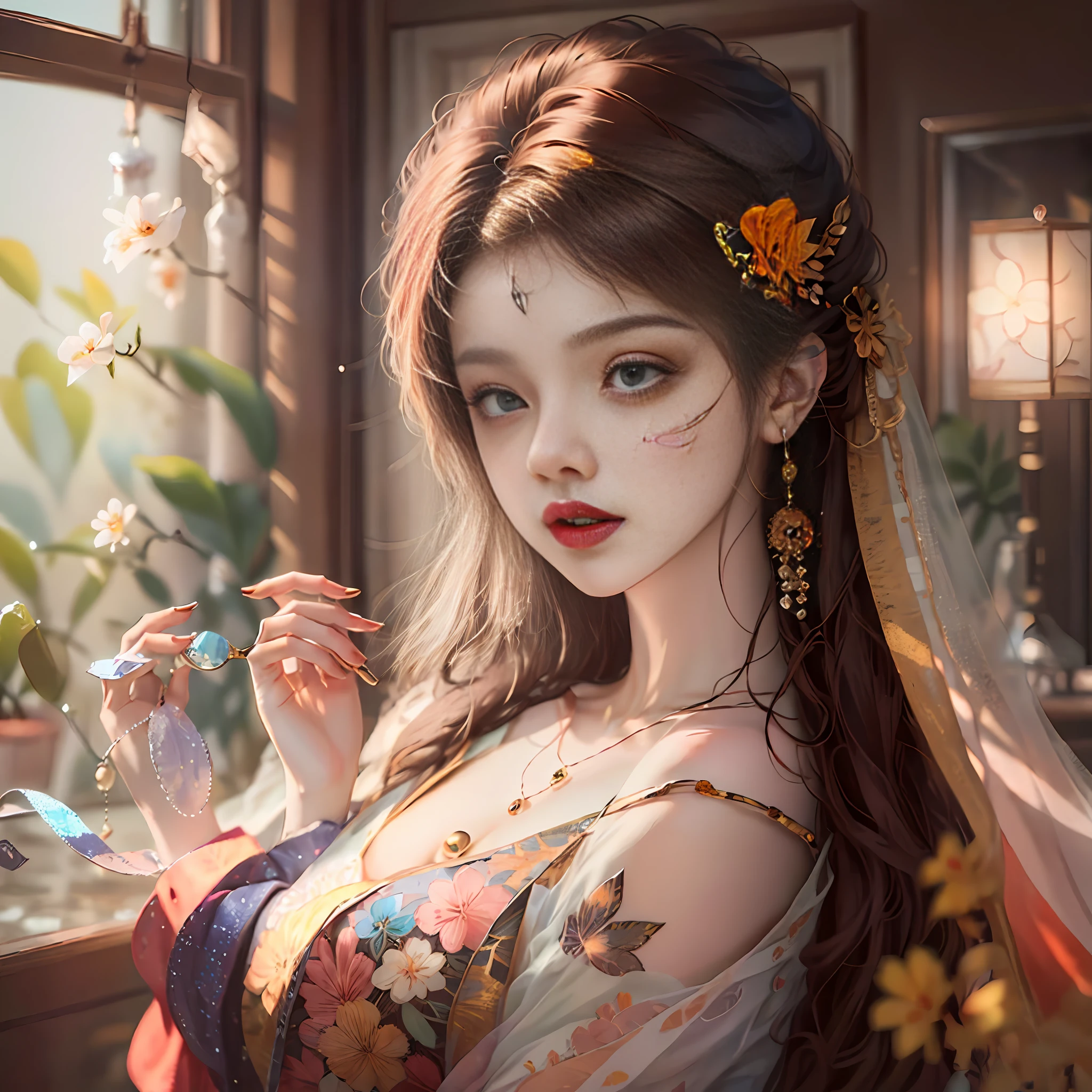 ayoung woman leaningon awindow foraselfie in the, style of light orange and light gold, kawaii, aesthetic floral accents eye-catching resin jewelry., dark brown and light brown, romanticized femininity., traditional