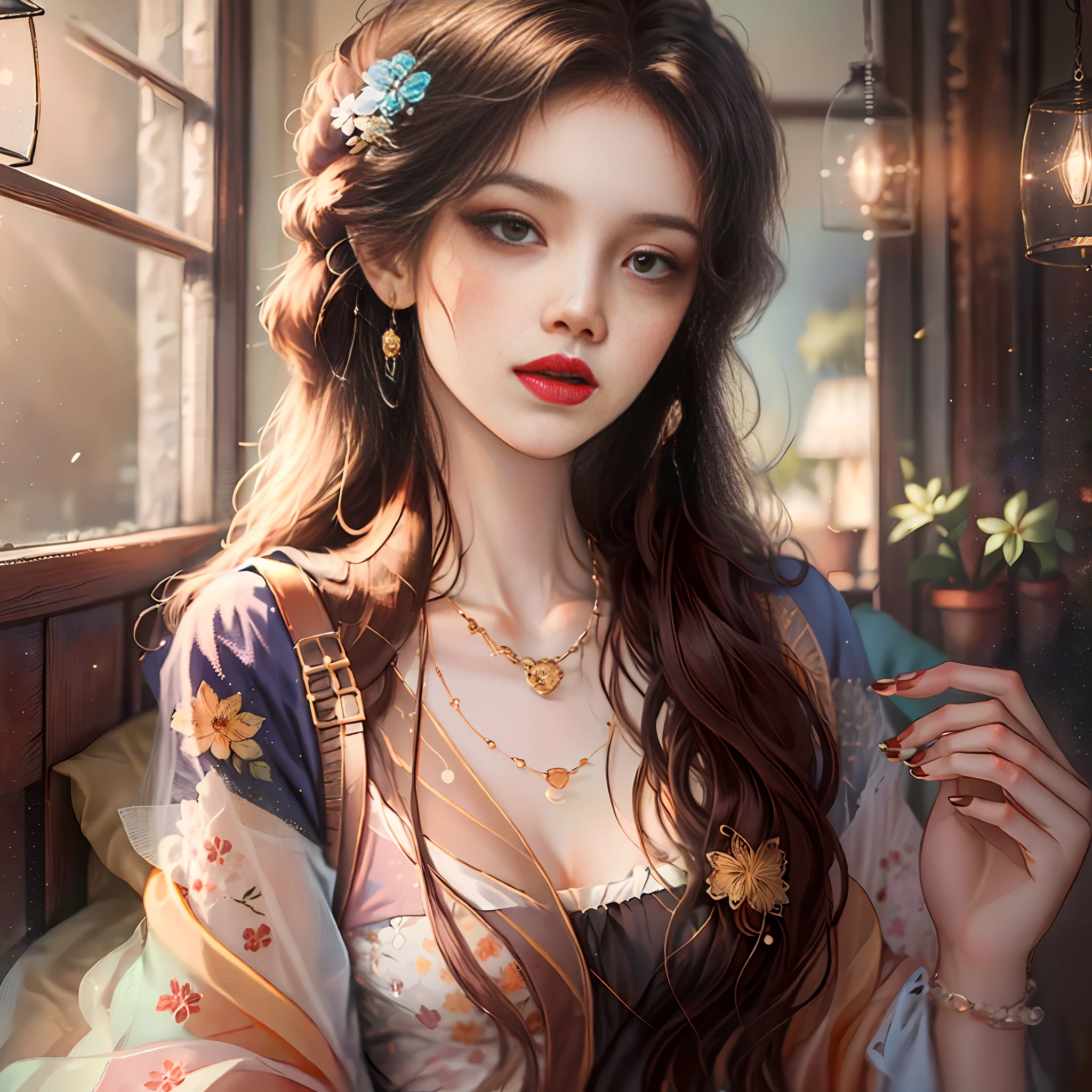 ayoung woman leaningon awindow foraselfie in the, style of light orange and light gold, kawaii, aesthetic floral accents eye-catching resin jewelry., dark brown and light brown, romanticized femininity., traditional