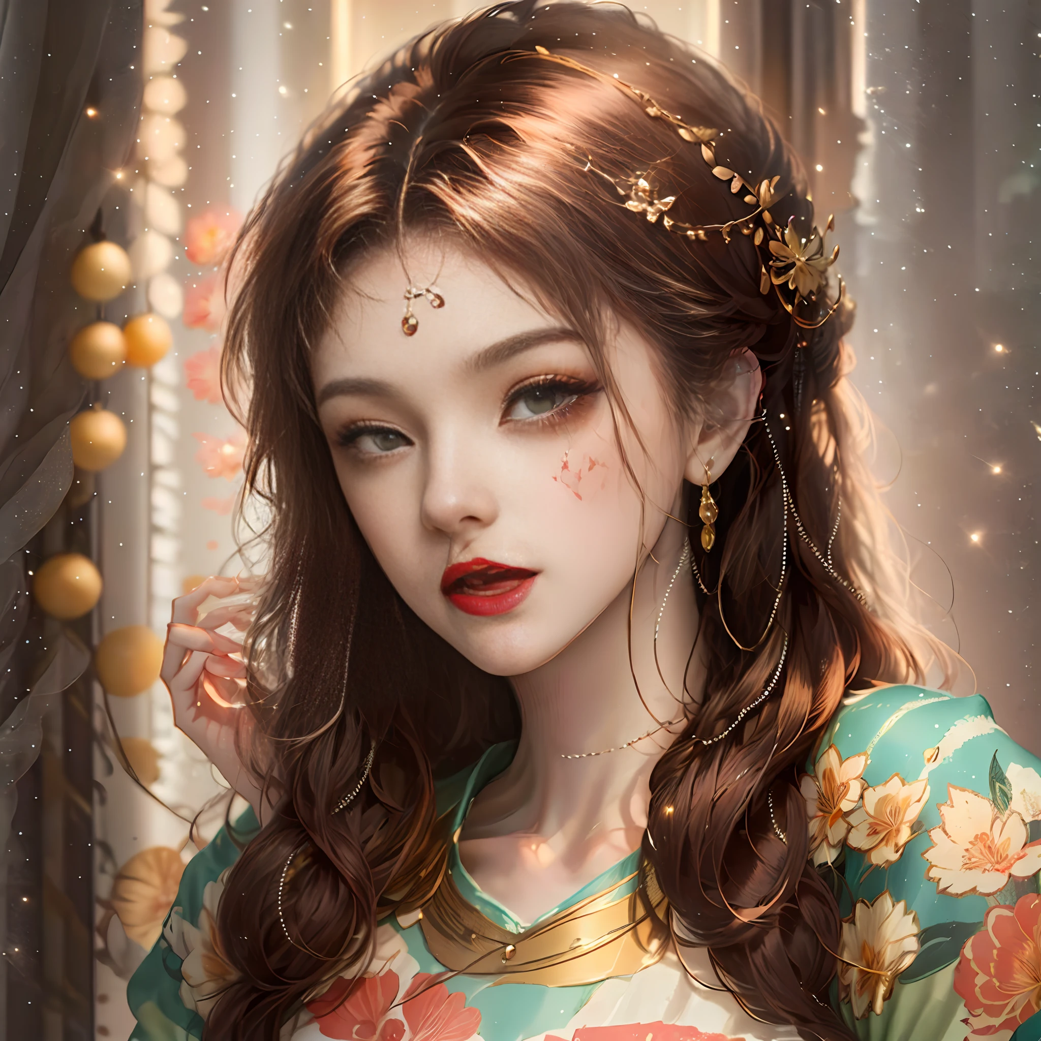 ayoung woman leaningon awindow foraselfie in the, style of light orange and light gold, kawaii, aesthetic floral accents eye-catching resin jewelry., dark brown and light brown, romanticized femininity., traditional