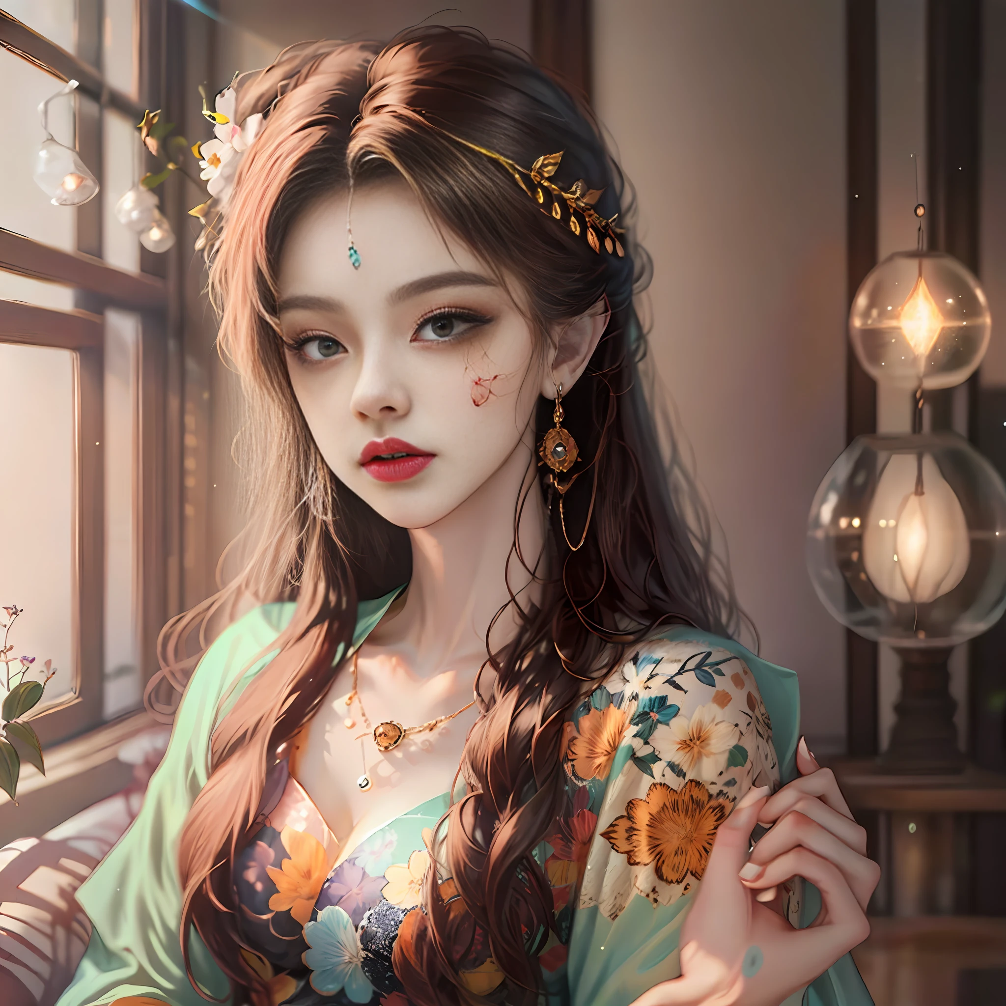 ayoung woman leaningon awindow foraselfie in the, style of light orange and light gold, kawaii, aesthetic floral accents eye-catching resin jewelry., dark brown and light brown, romanticized femininity., traditional