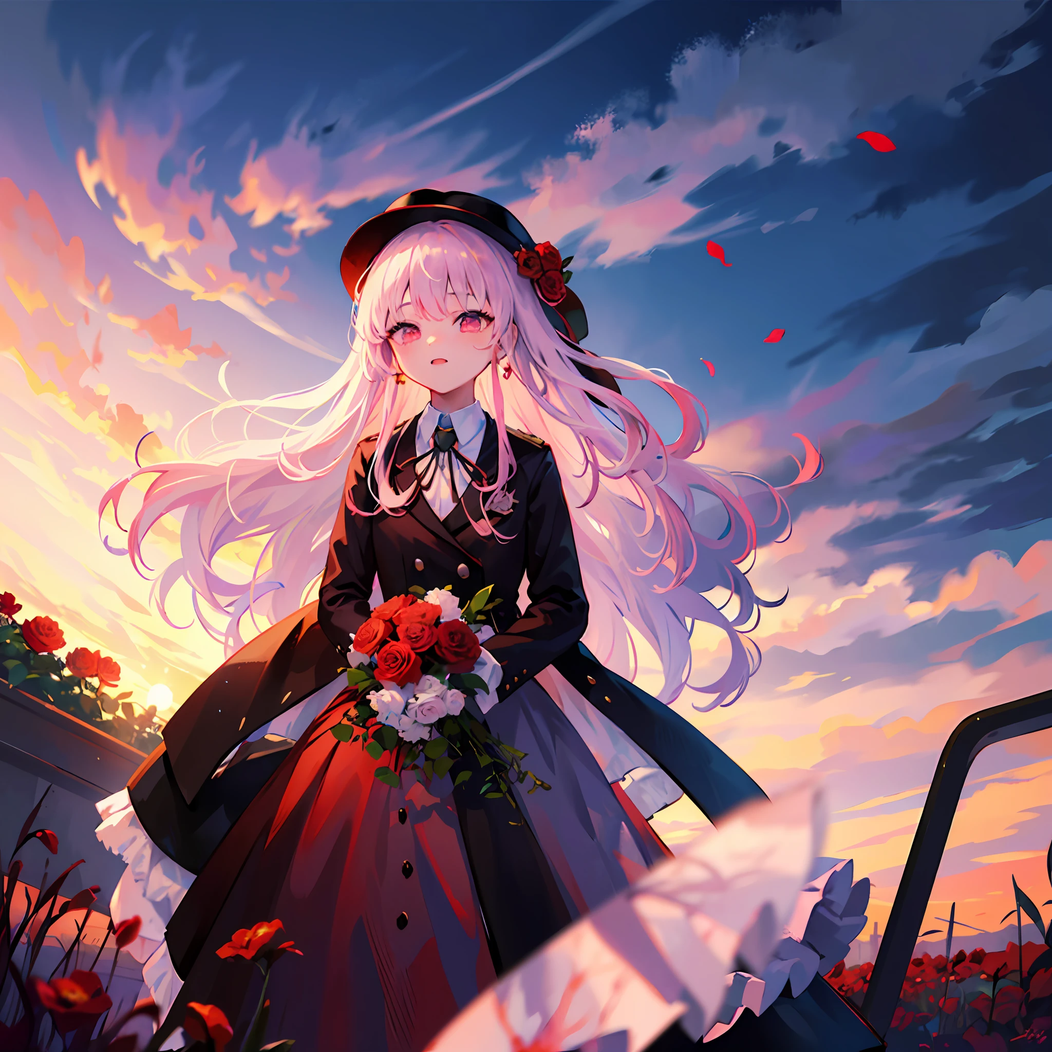 ((masterpiece, best quality)), 1girl, flower, solo, dress, holding, sky, cloud, hat, outdoors, bairs, bouquet, rose, expressiveless, blood, pink hair, flower field, red flower, pink eyes, white，At dusk, an 18-year-old girl was playing the piano with her eyes closed in the room