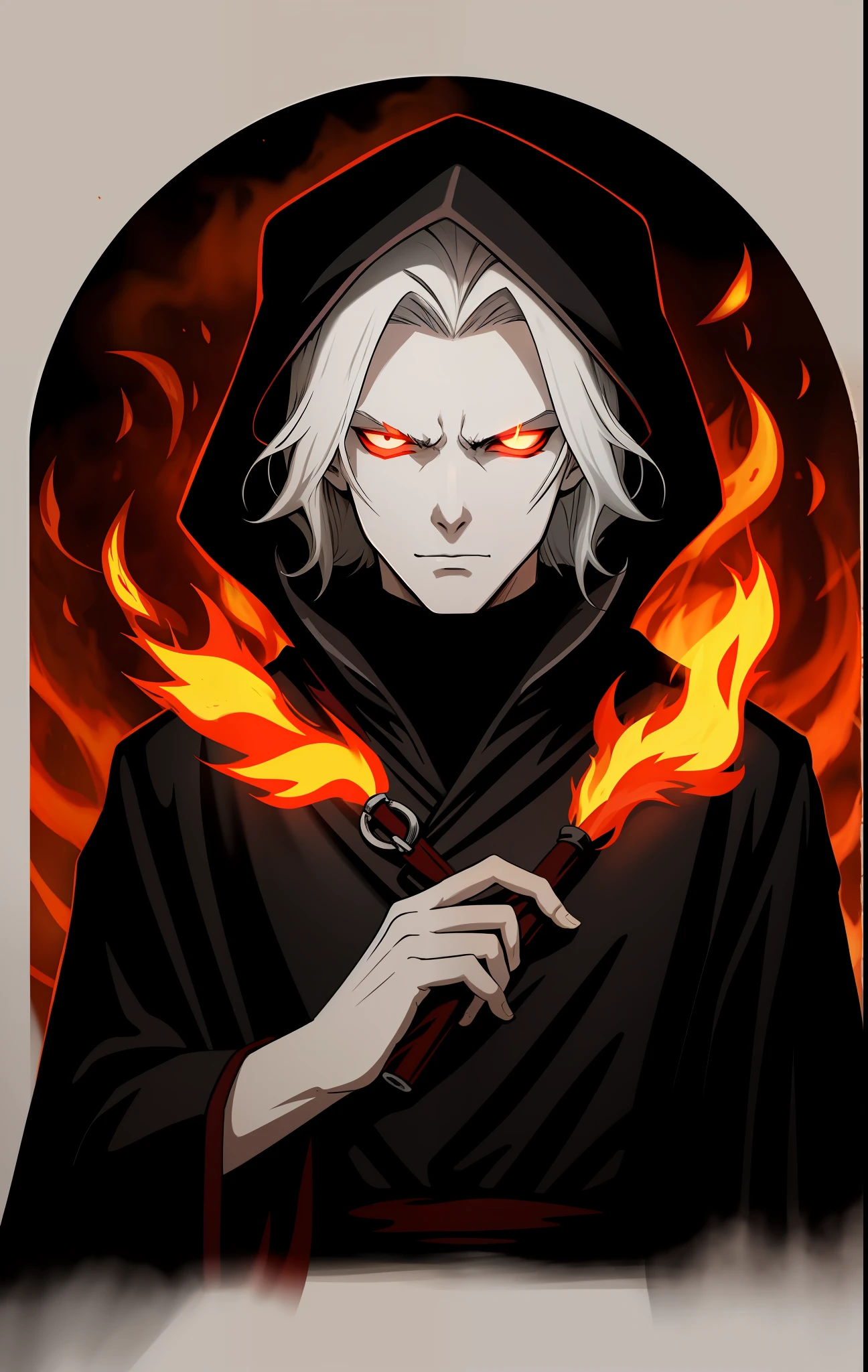 Lich, with half the face of a young albino man, with flames all around, evil look, black robe dress