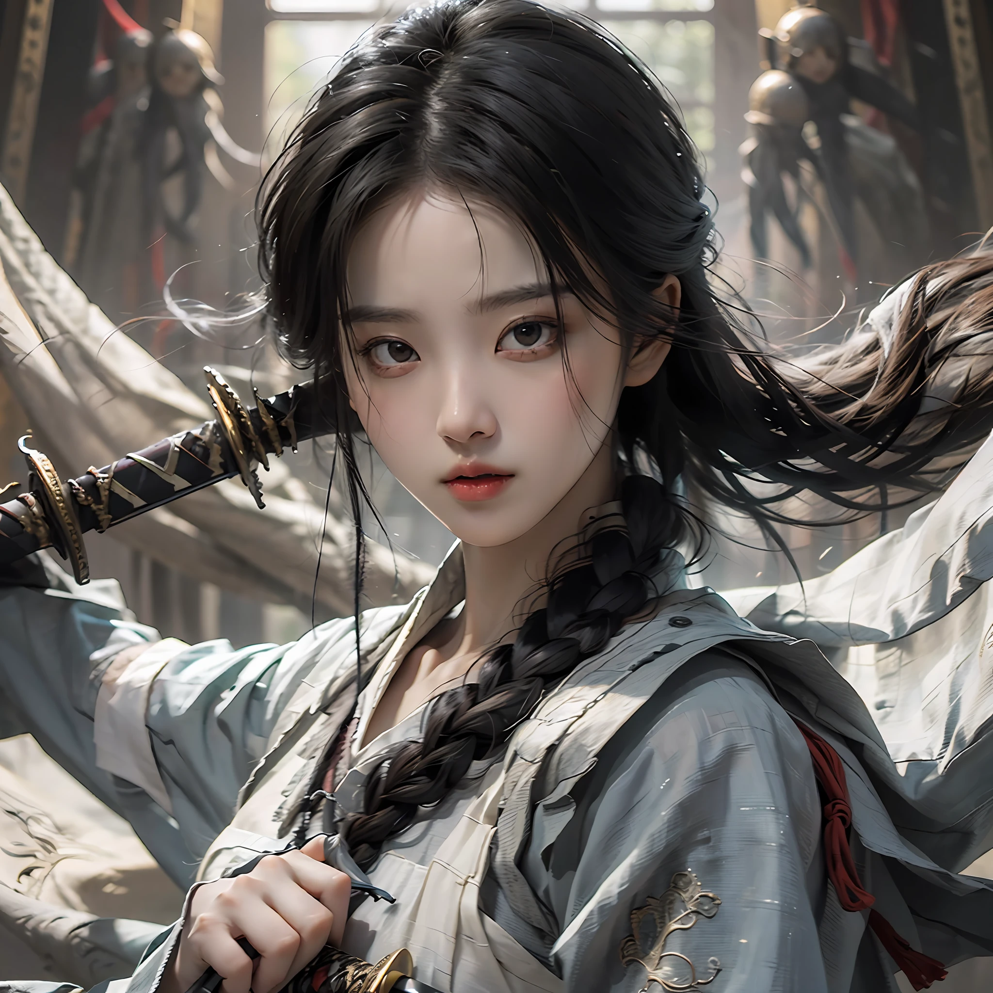 masterpiece, best quality, photorealistic ,1girl, holding sword,