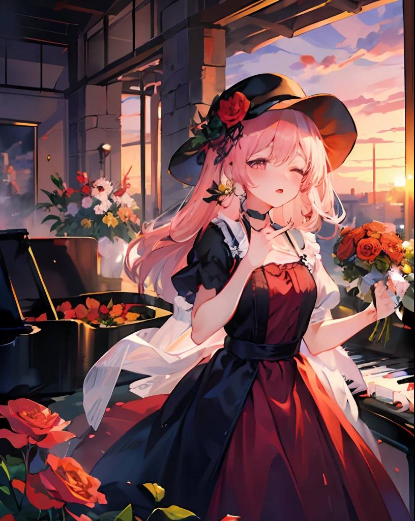 ((masterpiece, best quality)), 1girl, flower, solo, dress, holding, sky, cloud, hat, outdoors, bairs, bouquet, rose, expressiveless, blood, pink hair, flower field, red flower, pink eyes, white，At dusk, an 18-year-old girl was playing the piano with her eyes closed in the room