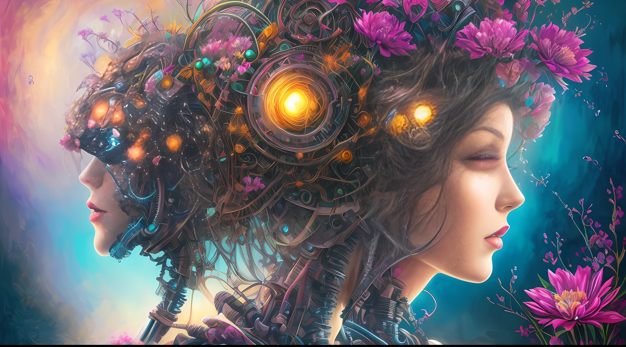 painting of a woman with a robot head and flowers in her hair, psychedelic organic cyborg, intricate transhuman, surreal digital art, elaborate digital art, deep dream, neosurrealism. digital art, psychedelic surreal art, surreal art, biomechanical gaia, surrealistic digital artwork, translucid. biomechanical cyborg, humanoids overgrown with flowers