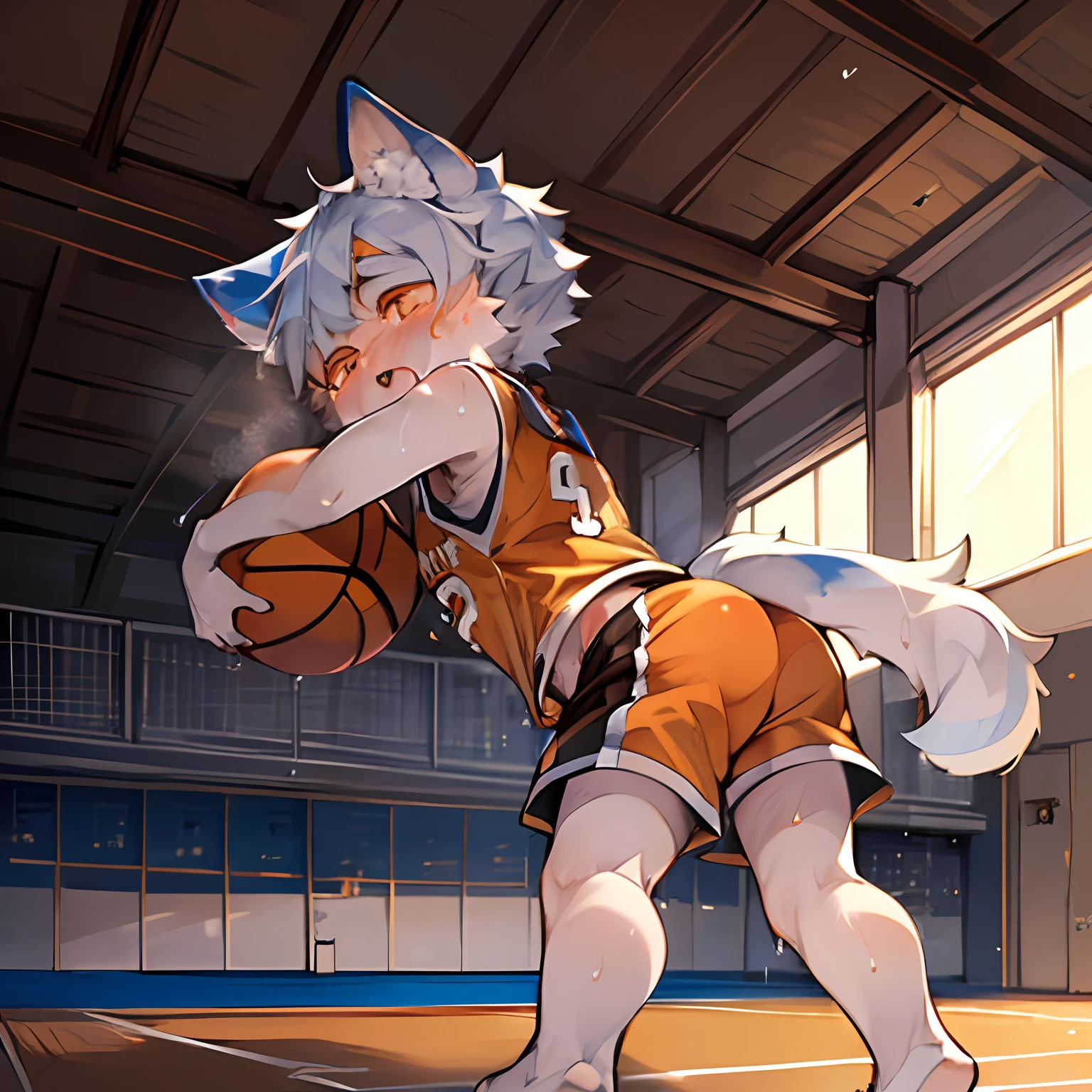 boy, dog ears, short hair, portrait, bright eyes, character focus, front view, basketball jersey, white socks, furry, furry male, naked, cute, erect, full body fur, fluffy tail, blue fur, black eyes, ears --auto
