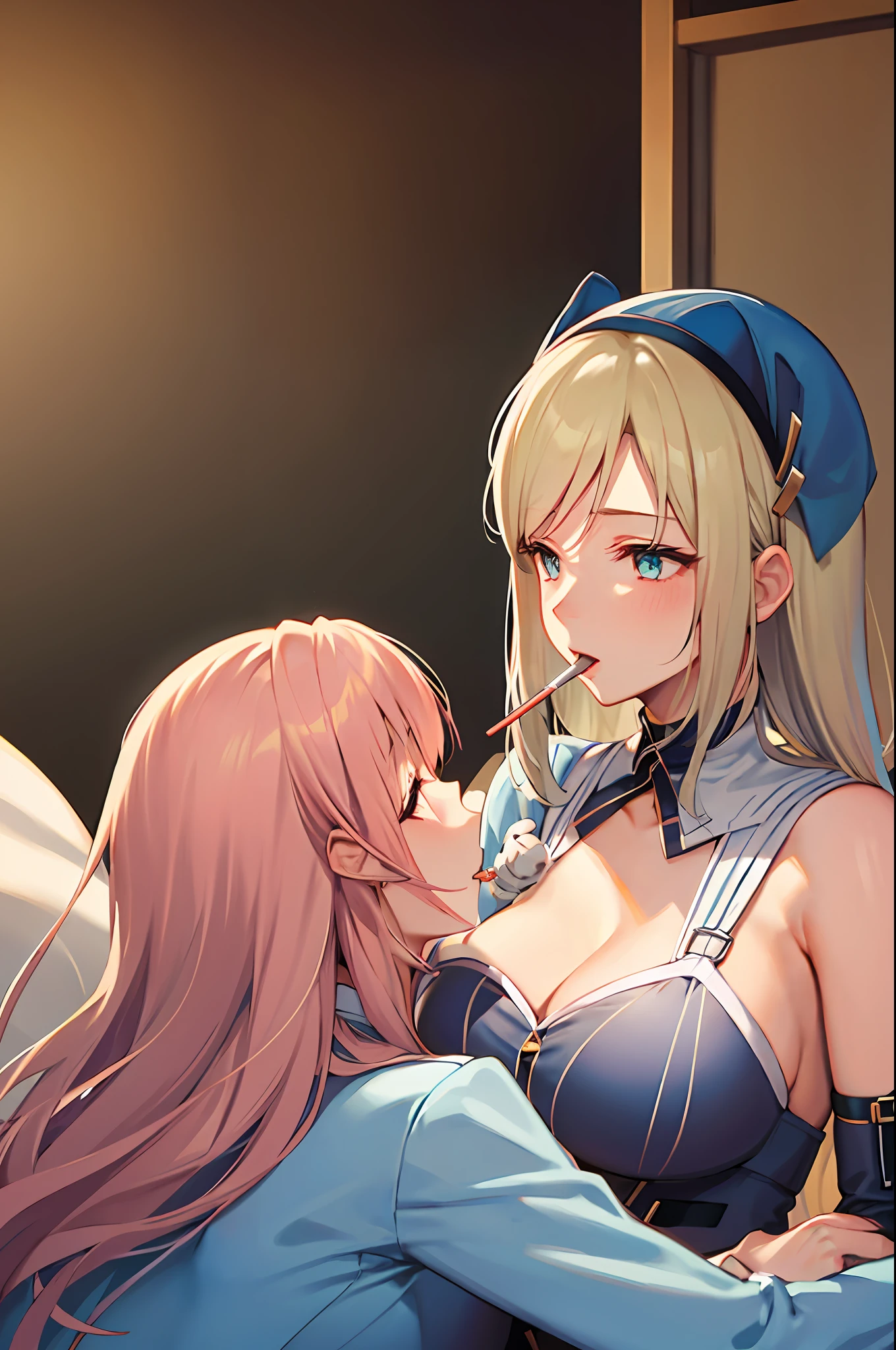 2mature women, breastfeeding eachother, yuri, facing eachother breasts, in bed, one on top of the other, sfw, sucking eachother, breast sucking