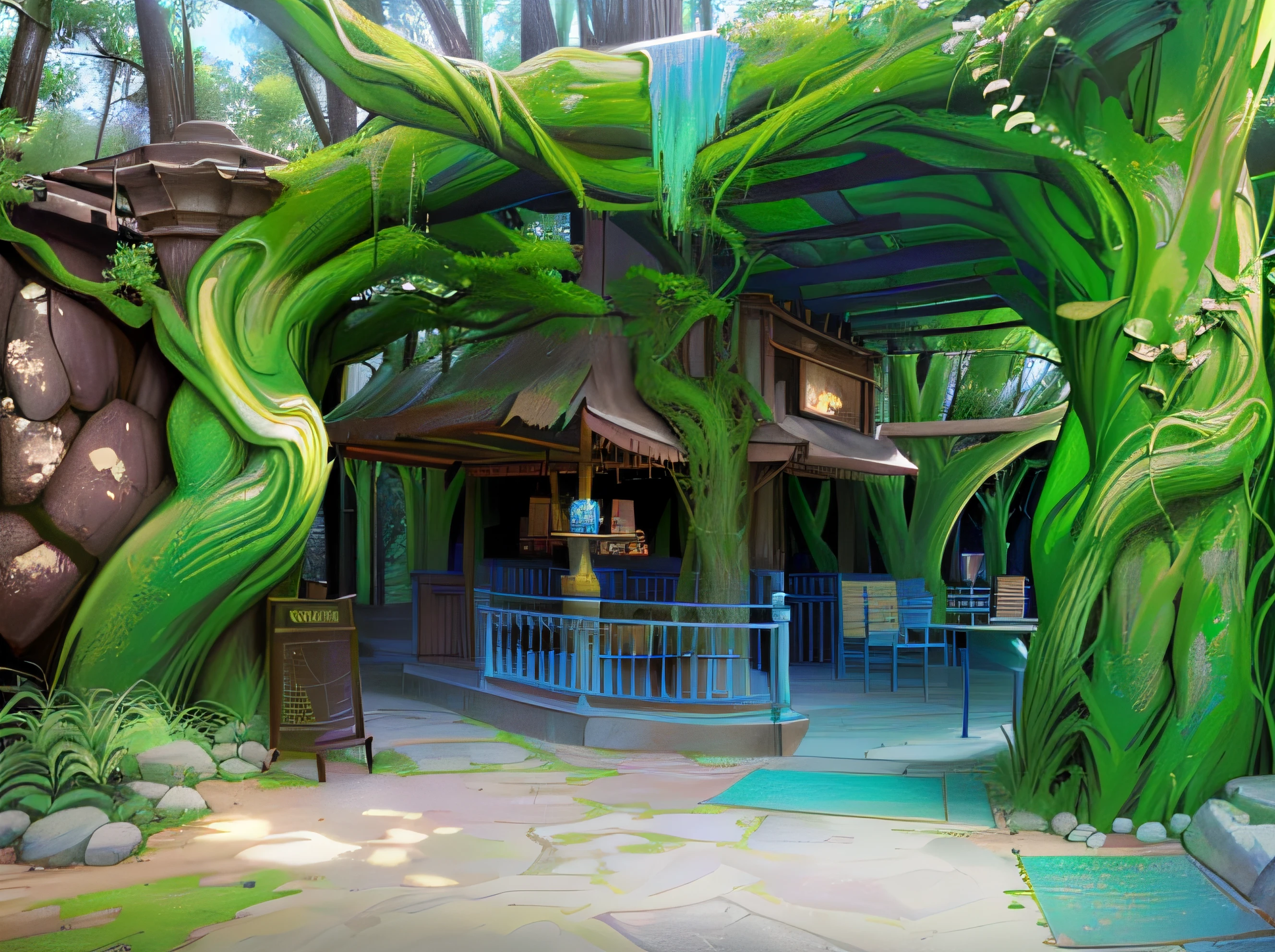 there is a large green and blue flower archway in a building, amusement park interior design, photograph of enchanted garden, inside the wishing well cavern, pandora jungle, alien forest in background, fairyland bridge, magical area, enchanted magical fantasy forest, the jungle at the background, jungle setting, flying trees and park items, inside an alien jungle, amusement park buildings --auto