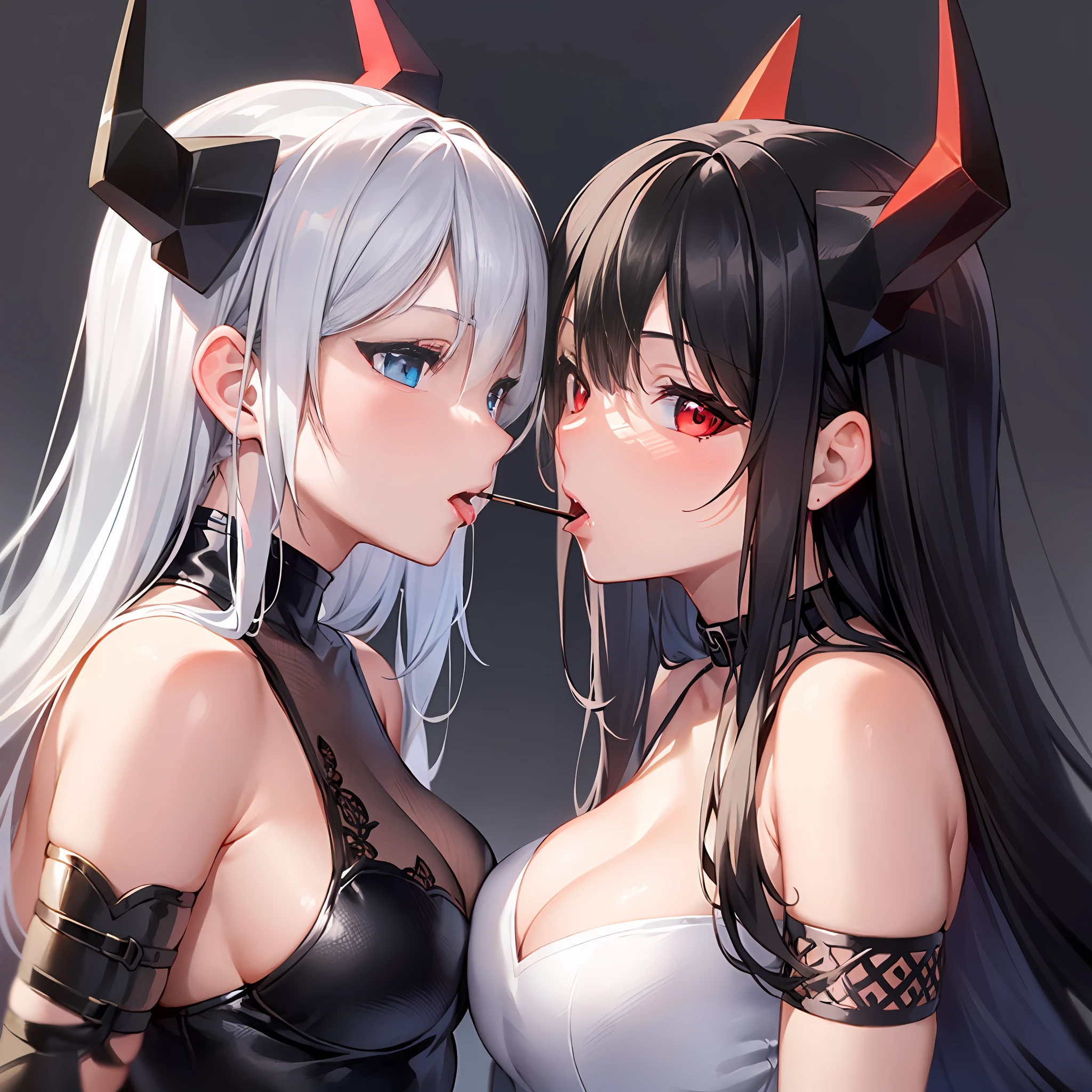 2girls, angel and devil, facing another, mouth to mouth feeding the same Pocky , (white hair, red eyes:1.2), (black hair, blue eyes:1.2), glint, gradient eyes, panorama, upper body, cropped torso upper body, saliva trail, extremely detailed cg unity 8k wallpaper