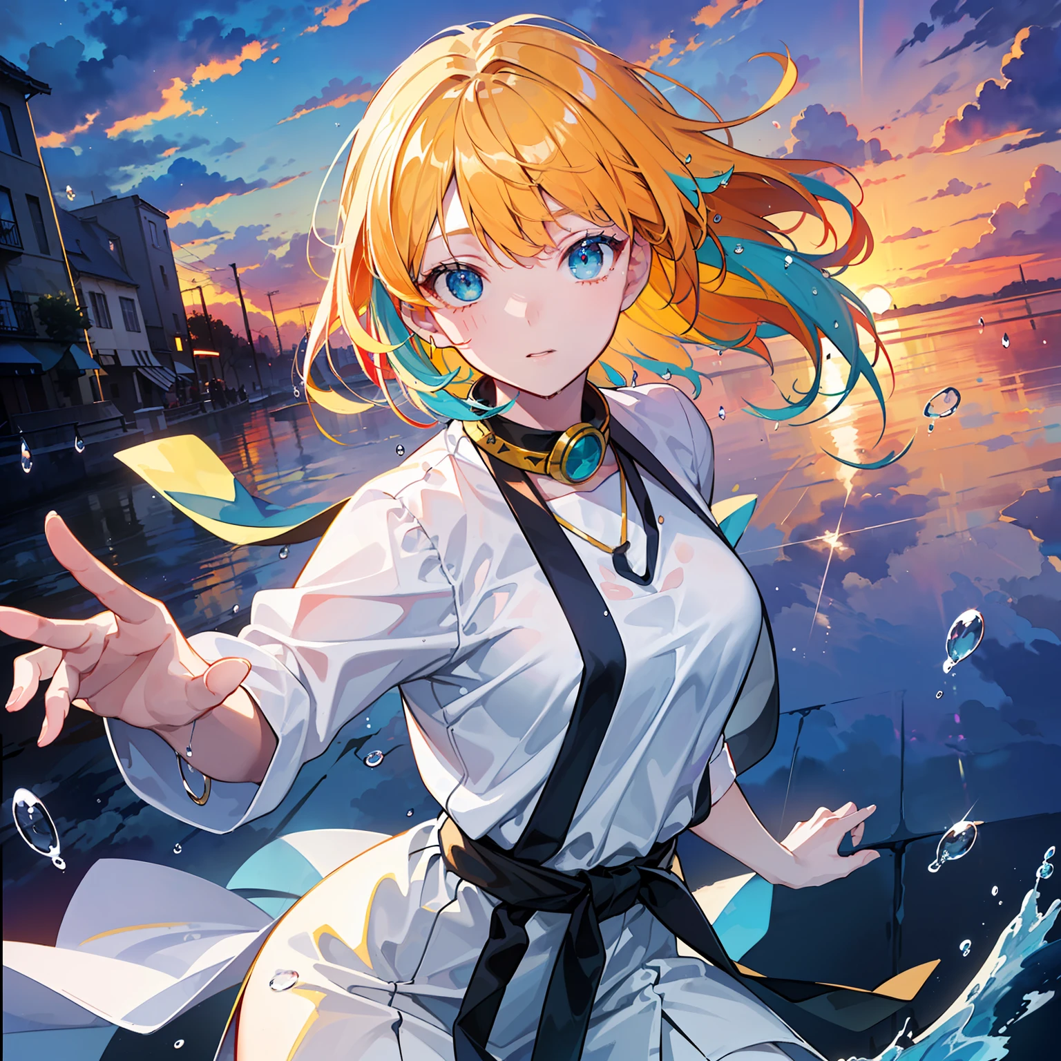 Edited sentences: ((((Masterpiece)), Best quality, Super detailed CG unity 8K wallpaper, Best illustration, A very delicate and beautiful, floating, high resolution, dynamic angle, dynamic pose, (1 girl), blue eyes, (colorful hair + silver hair: 1.3+ red hair: 1.2+ purple hair + yellow hair: 1.3+ green hair: 1.3), white martial arts costume, neckband, beautiful face, too many water drops, clouds, dusk, wide angle lens, watercolor effect.