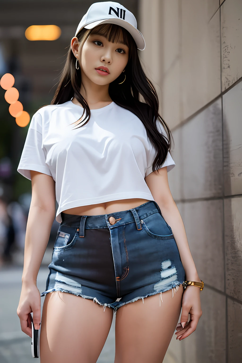 extremely long shot, Nikon RAW photo,8 k,Fujifilm XT3,masterpiece, best quality, realistic, photorealistic,ultra detailed,1girl,solo,long shot, long black hair, hazel eyes, serious expression,white shirt,denim shorts, saika1, medium breast, mature female,in a club, looking away,back, sneaker, hat,