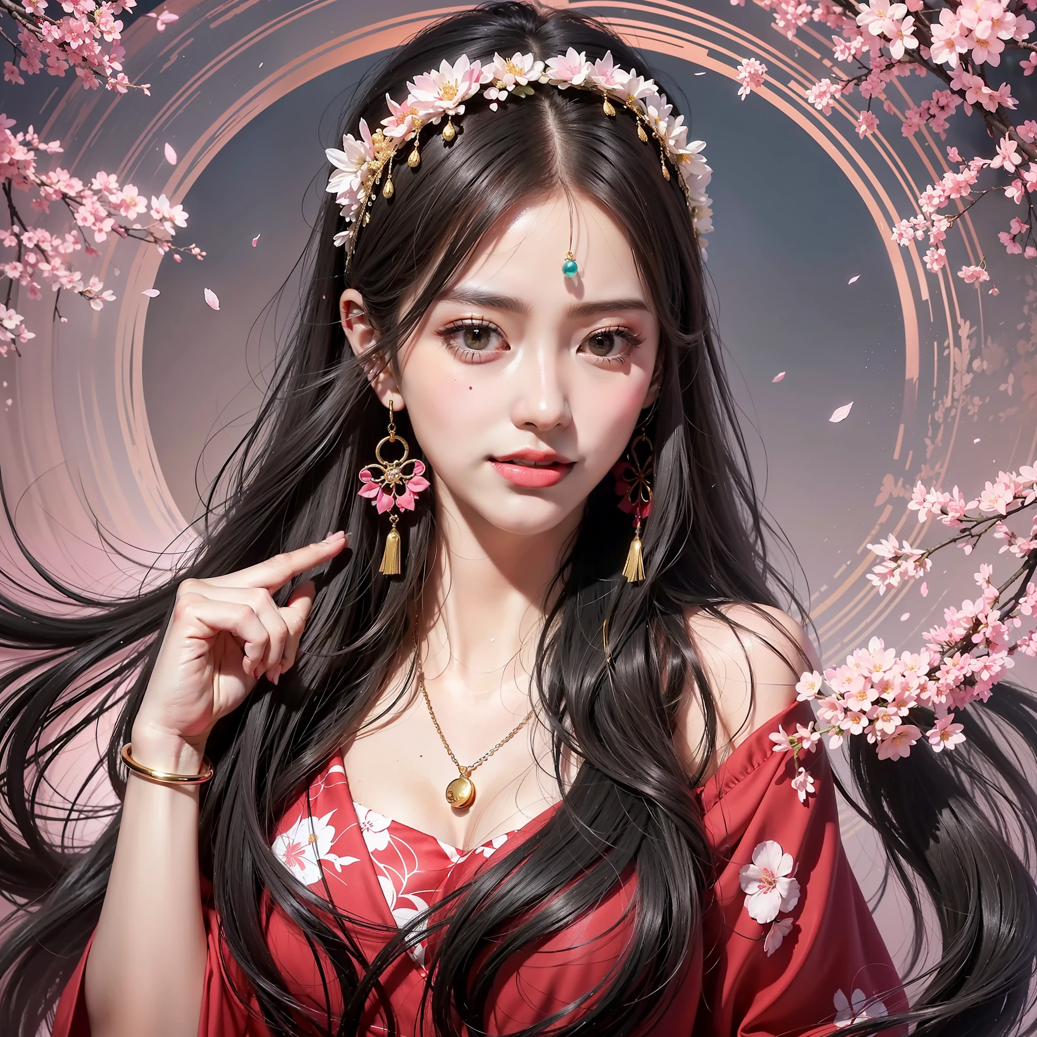 Best quality, masterpiece, super high resolution full of picture, single, flying, Tang Huazhang, Dunhuang flying, floating in the air With strong Chinese national characteristics, they are heavenly beings who fly the sky of Buddha Country, playing piano and dancing, spraying incense and scattering flowers, bringing happiness, pink color matching, long hair, black hair, black pink bow, black and red color matching clothing, complex background, side, smile, flowing clothes, Chinese element totem behind, perfect makeup, beautiful, generous, love eyes, 8k picture quality, cyberpunk, technology combined with national essence, Character backlight, edge light, movement changes, hairstyle flowing, hairstyle scattered, gold and silver headdress, sense of falling, number of fingers refined, 7 avatar drawing, face close-up, fairy fluttering, flowing luminous earrings, flowing glowing necklace, wearing a bracelet, the most beautiful girl in man, delicate close-up of her face, cherry blossoms, cherry blossoms, transparent tulle