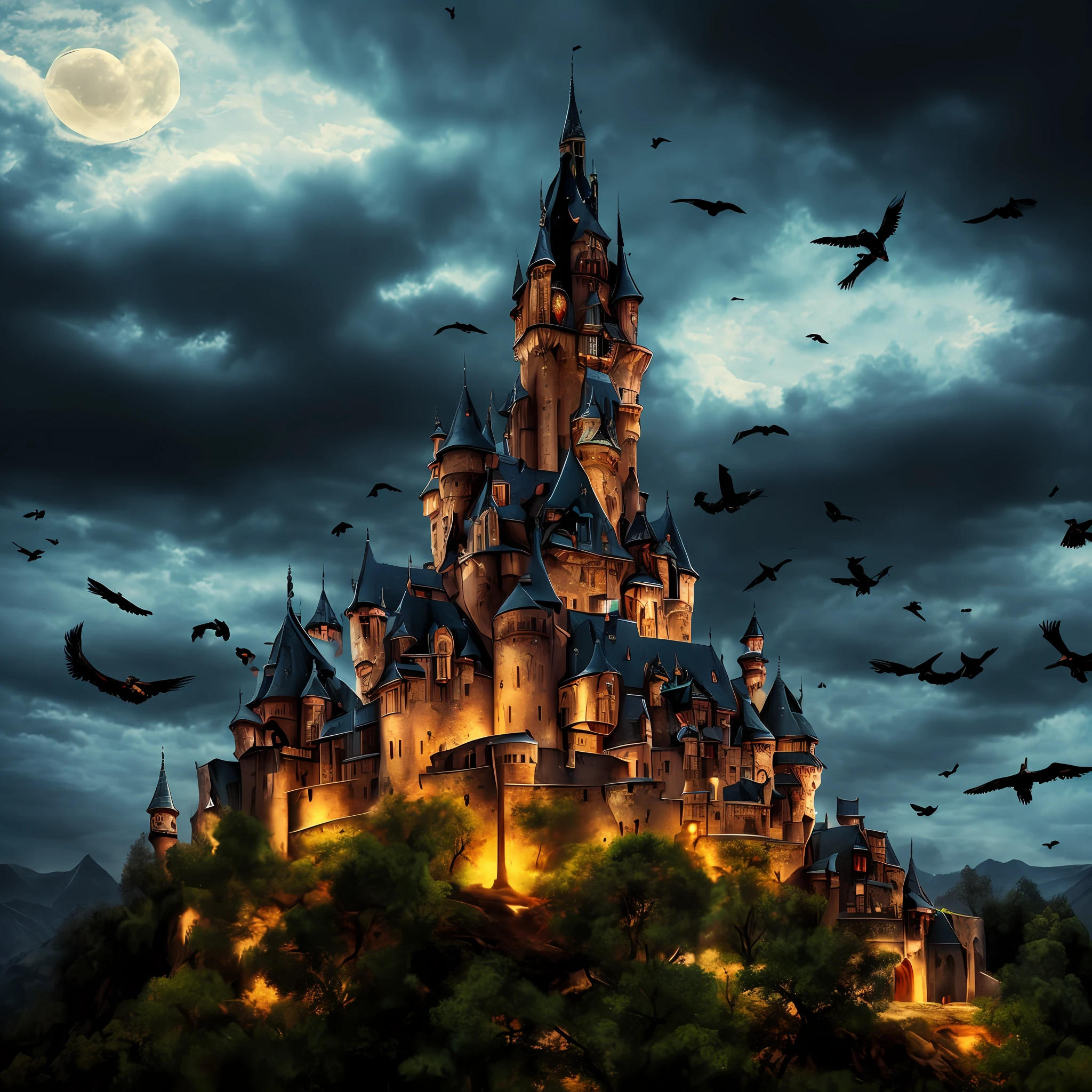 (realistic:1.3), finely detailed, quality, rembrandt lighting, (masterpiece:1.2), (photorealistic:1.2), (best quality), (detailed skin:1.3), (intricate details), dark castle in a top of a mountain, big mountain, big castle, scary castle, night time, dark clouds, light, crows flying near the angle of the camera, --auto
