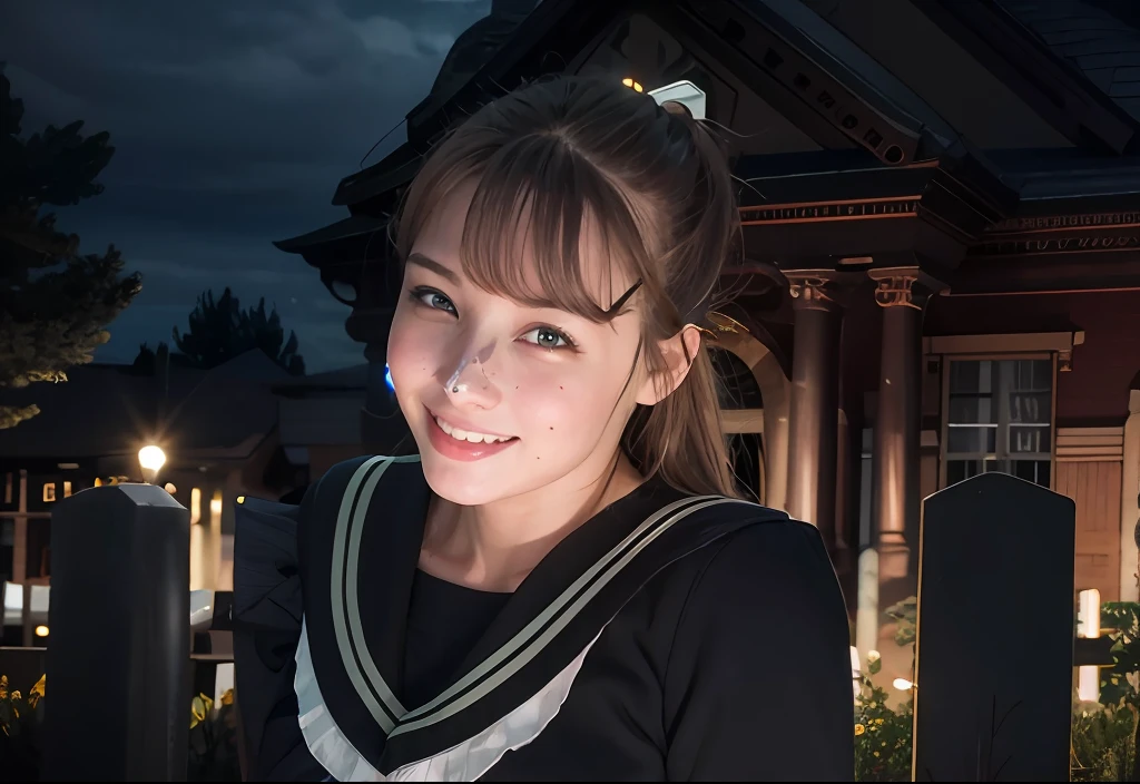 (masterpiece, top quality, 15 year old girl, solo, intricate detail, chromatic aberration), sailor uniform, (black eyes), (grinning), (big eyes), (Lora: MusenaturalFaceV1_V 1:0.2), pureerosface_v1, (big smile: 1), lace, flowers, big breasts,