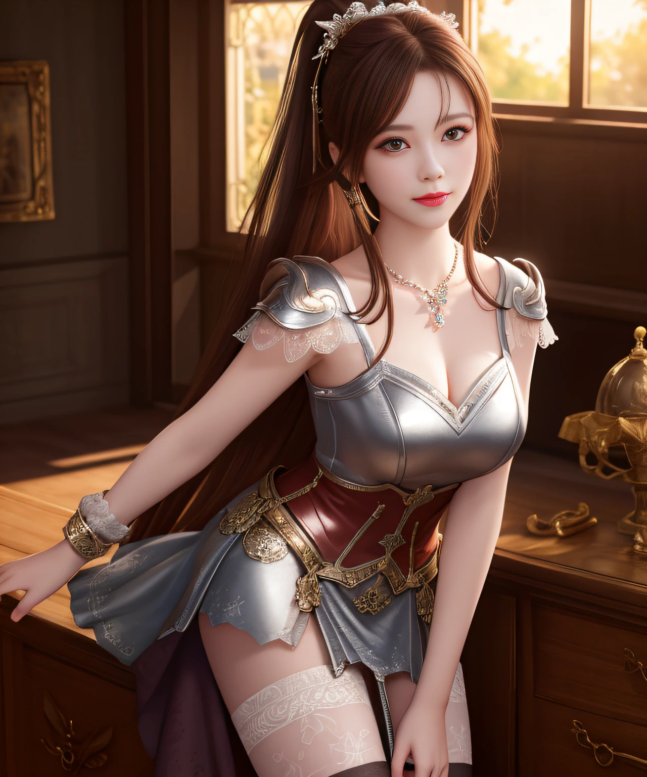 Goddess, Best Quality, Masterpiece, High Resolution, 1Girl, Porcelain Dress, Hair Accessories, Necklace, Jewelry, Beautiful Face, Chained Body Restraint, Hands Hanging, Tyndall Effect, Realism, Edge Lighting, Two-tone Lighting, (High Detail Skin: 1.2), 8K UHD, DSLR, Soft Light, High Quality, Volume Light, Voyeur, Photo, High Resolution, 4K, 8K, Vampire, Best Full Body Quality, Masterpiece, High Resolution, 1 Girl, Ancient Armor, Pink Metal Skinny Armor, Chest Pattern,,single ponytail, hair accessory, necklace, jewelry, beautiful face, upon_body,tyndall effect,stockings, realistic, edge lighting, two-tone lighting, (high detail skin:1.2), 8k ultra hd, DSLR camera, soft lighting, high quality, volumetric lighting, frank, Photos, high resolution, lace stockings, on horseback